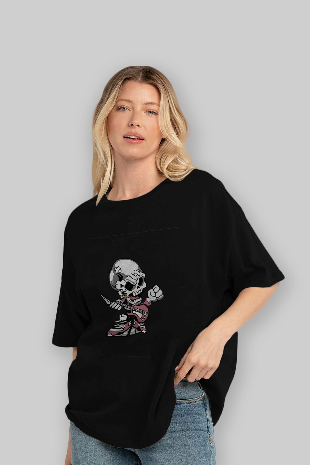 Skull Rockstar Ön Baskılı Oversize t-shirt Erkek Kadın Unisex %100 Pamuk tişort