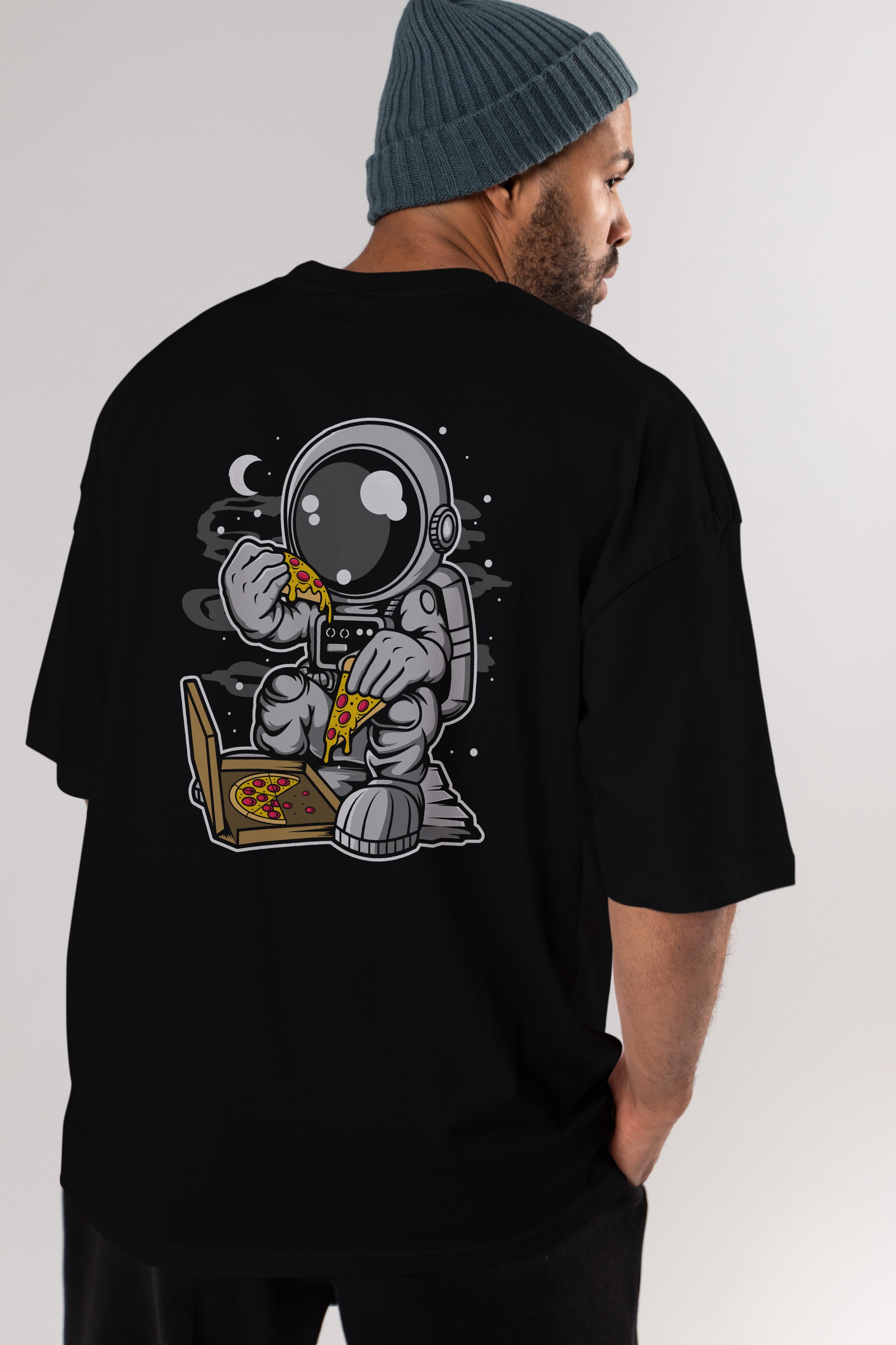 Astronaut Pizza Arka Baskılı Oversize t-shirt Erkek Kadın Unisex