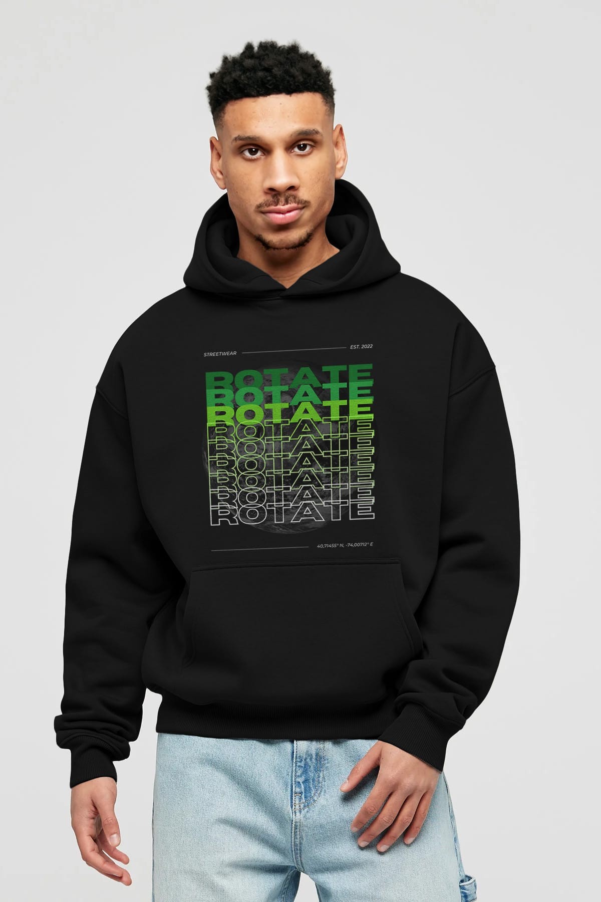 Rotate Yazılı Ön Baskılı Oversize Hoodie Kapüşonlu Sweatshirt Erkek Kadın Unisex