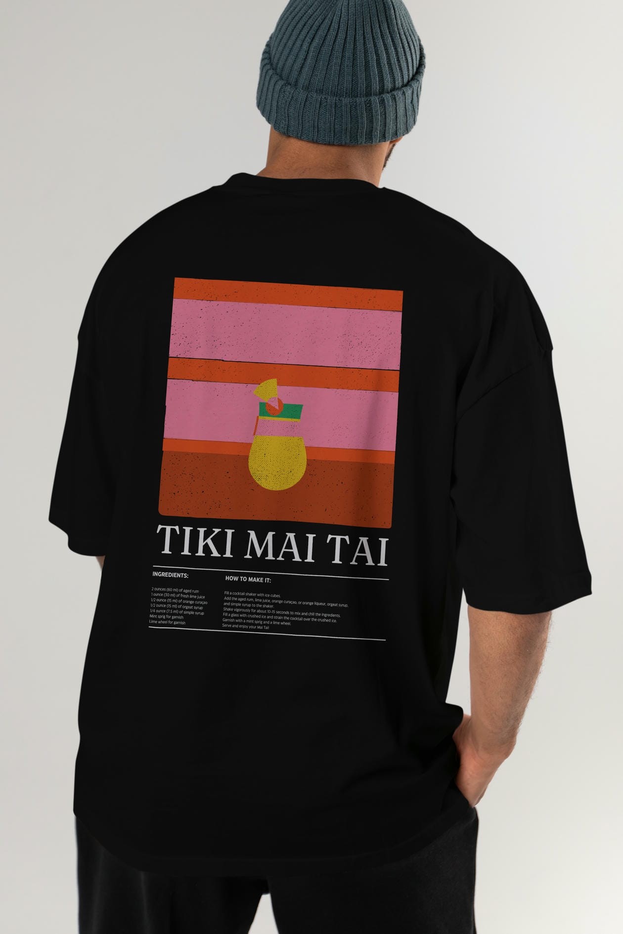 Tiki Mai Tai Kokteyl Serisi Arka Baskılı Oversize t-shirt Erkek Kadın %100 Pamuk Bisiklet Yaka tişort