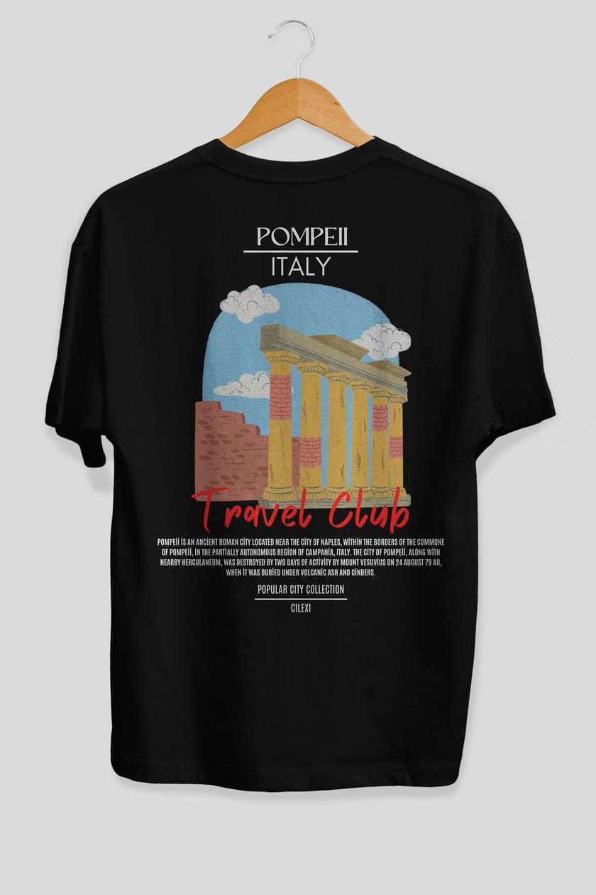 Pompeii İtaly Arka Baskılı Oversize t-shirt Erkek Kadın Pamuk Bisiklet Yaka tişort
