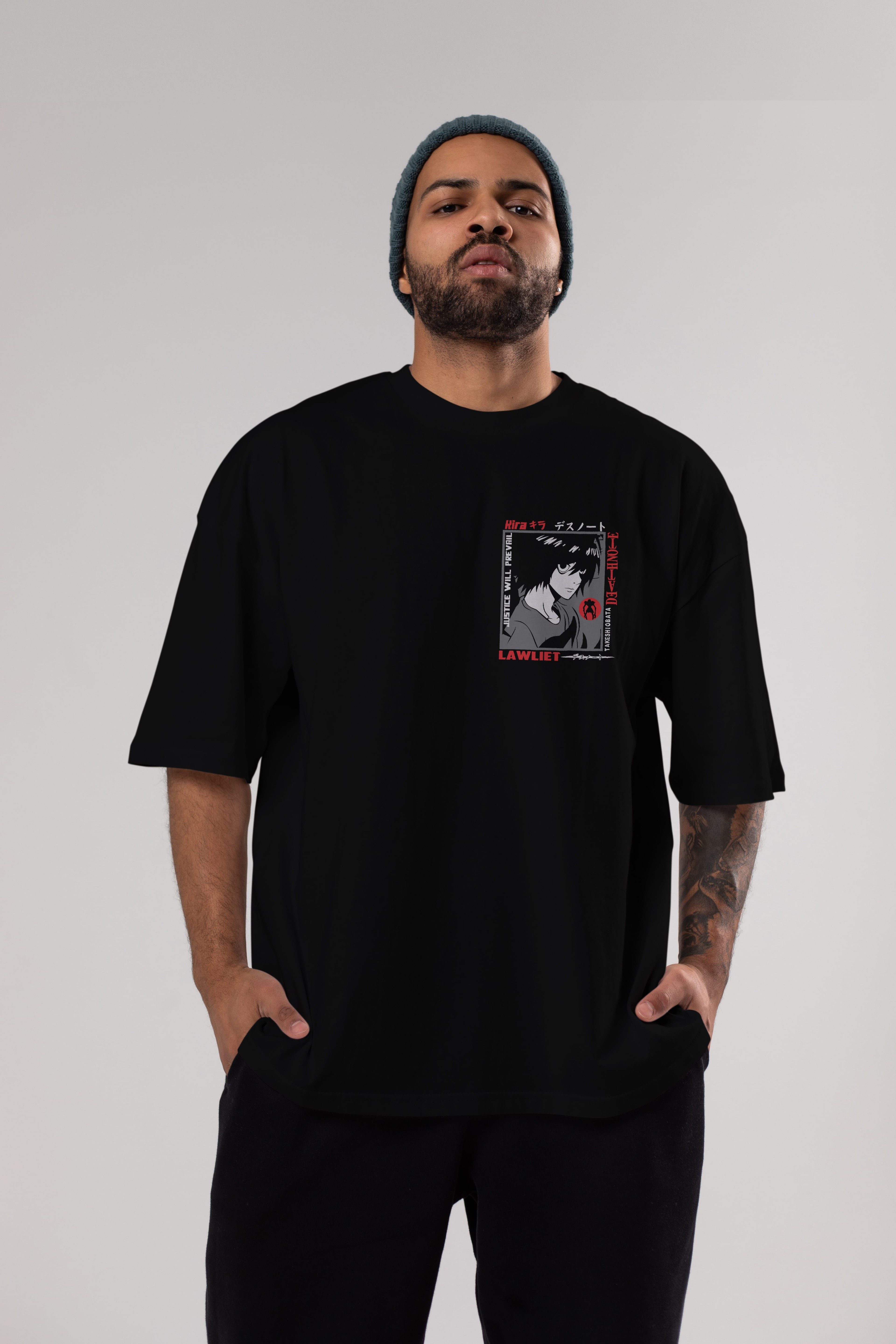 DEATH NOTE Ön Sol Baskılı Oversize t-shirt Erkek Kadın Unisex %100 Pamuk Bisiklet Yaka tişort