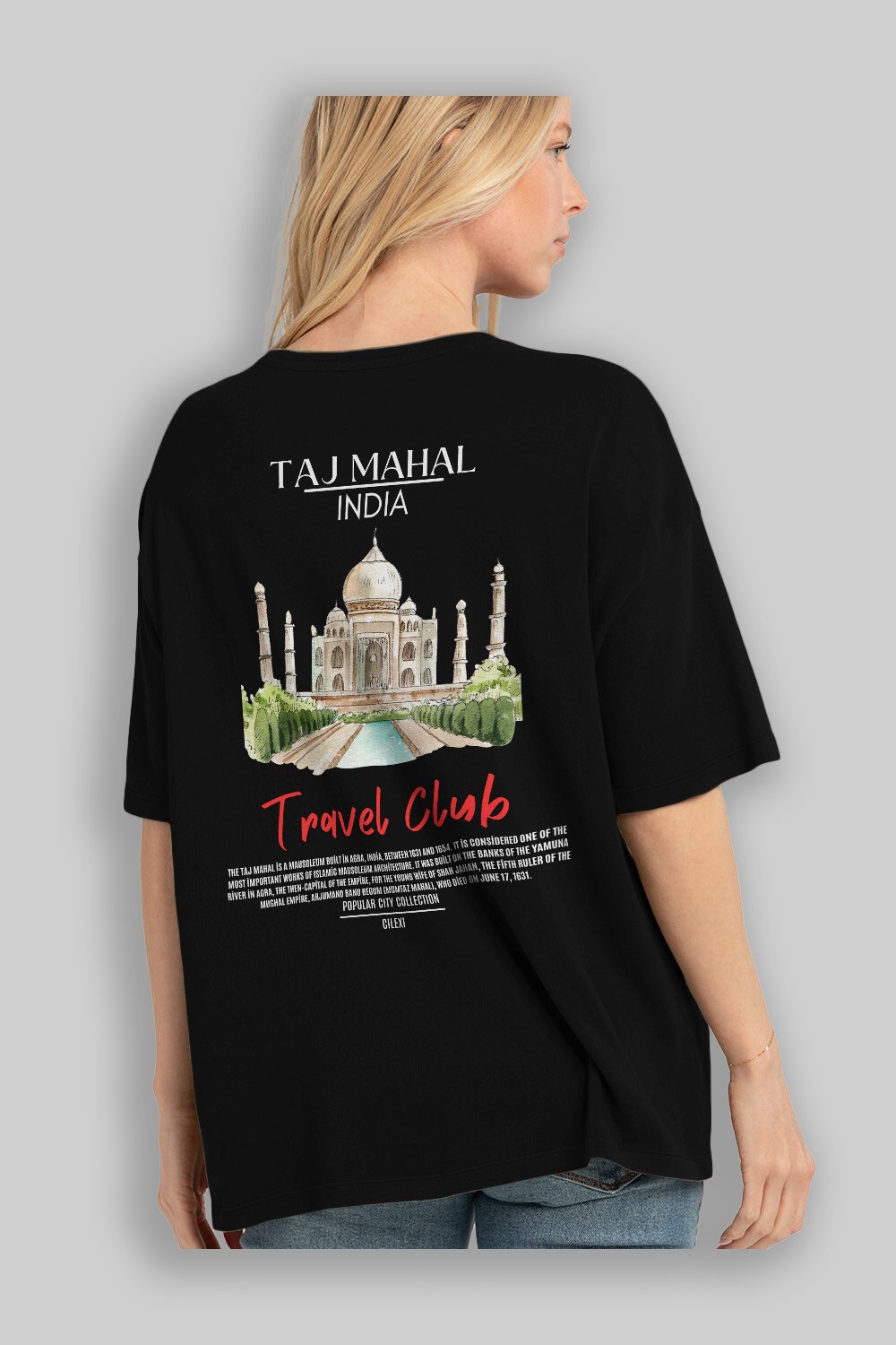 Taj Mahal İndia Arka Baskılı Oversize t-shirt Erkek Kadın Pamuk Bisiklet Yaka tişort