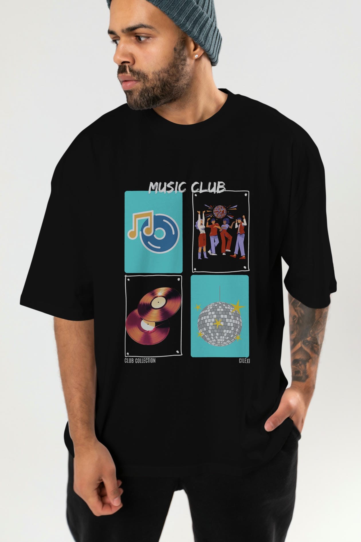Music Club ön Baskılı Oversize t-shirt Erkek Kadın %100 Pamuk Bisiklet Yaka tişort