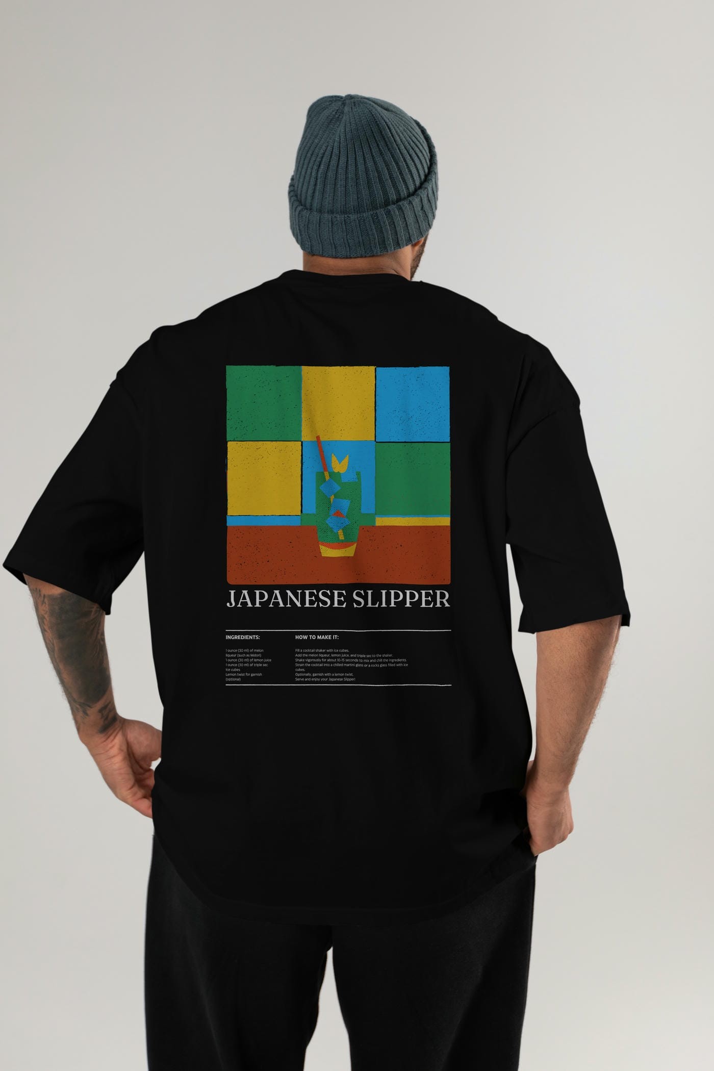 Japanese Slipper Kokteyl Serisi Arka Baskılı Oversize t-shirt Erkek Kadın %100 Pamuk Bisiklet Yaka tişort