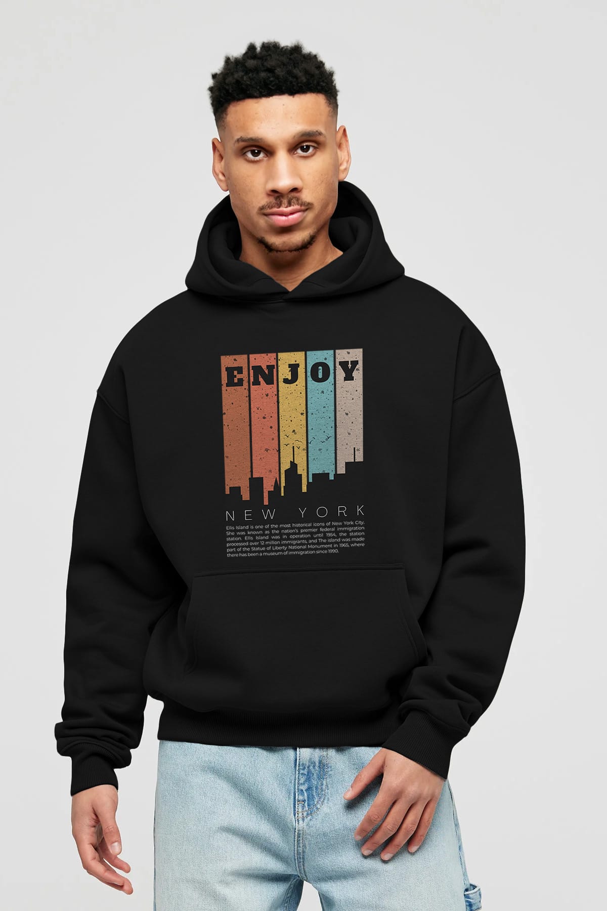 Enjoy New York Yazılı Ön Baskılı Oversize Hoodie Kapüşonlu Sweatshirt Erkek Kadın Unisex