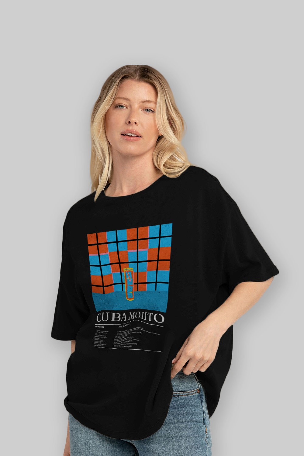 Cuba Mojito Kokteyl Ön Baskılı Oversize t-shirt Erkek Kadın %100 Pamuk Bisiklet Yaka tişort