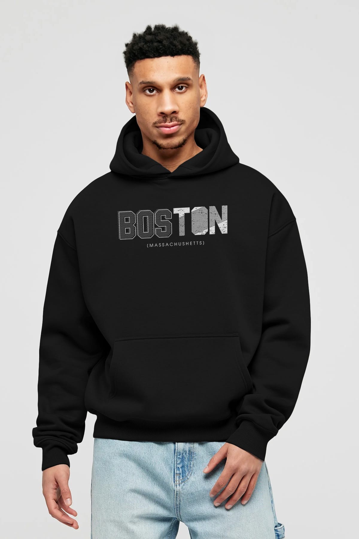 Boston Ön Baskılı Oversize Hoodie Kapüşonlu Sweatshirt Erkek Kadın Unisex