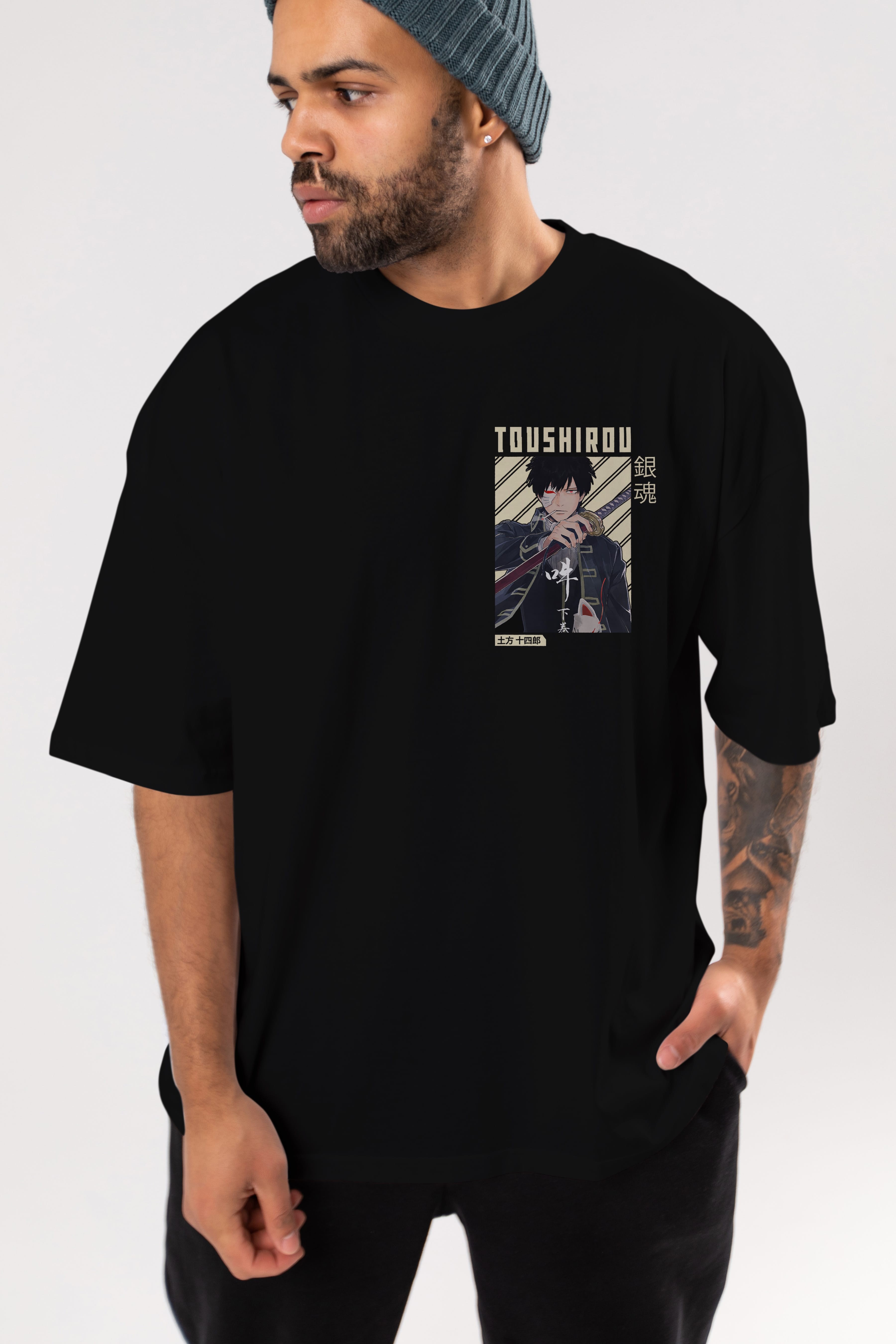 Toushirou Hijikata Ön Sol Baskılı Oversize t-shirt Erkek Kadın Unisex %100 Pamuk Bisiklet Yaka tişort