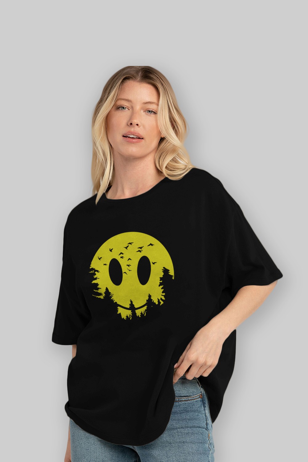 Smiley Moon Ön Baskılı Oversize t-shirt %100 pamuk Erkek Kadın Unisex