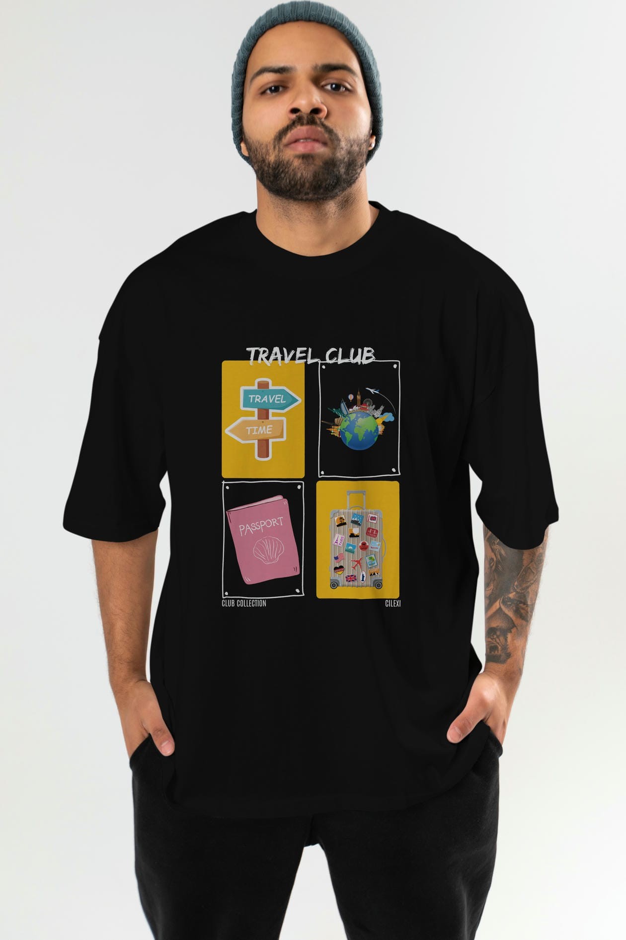Travel Club ön Baskılı Oversize t-shirt Erkek Kadın %100 Pamuk Bisiklet Yaka tişort
