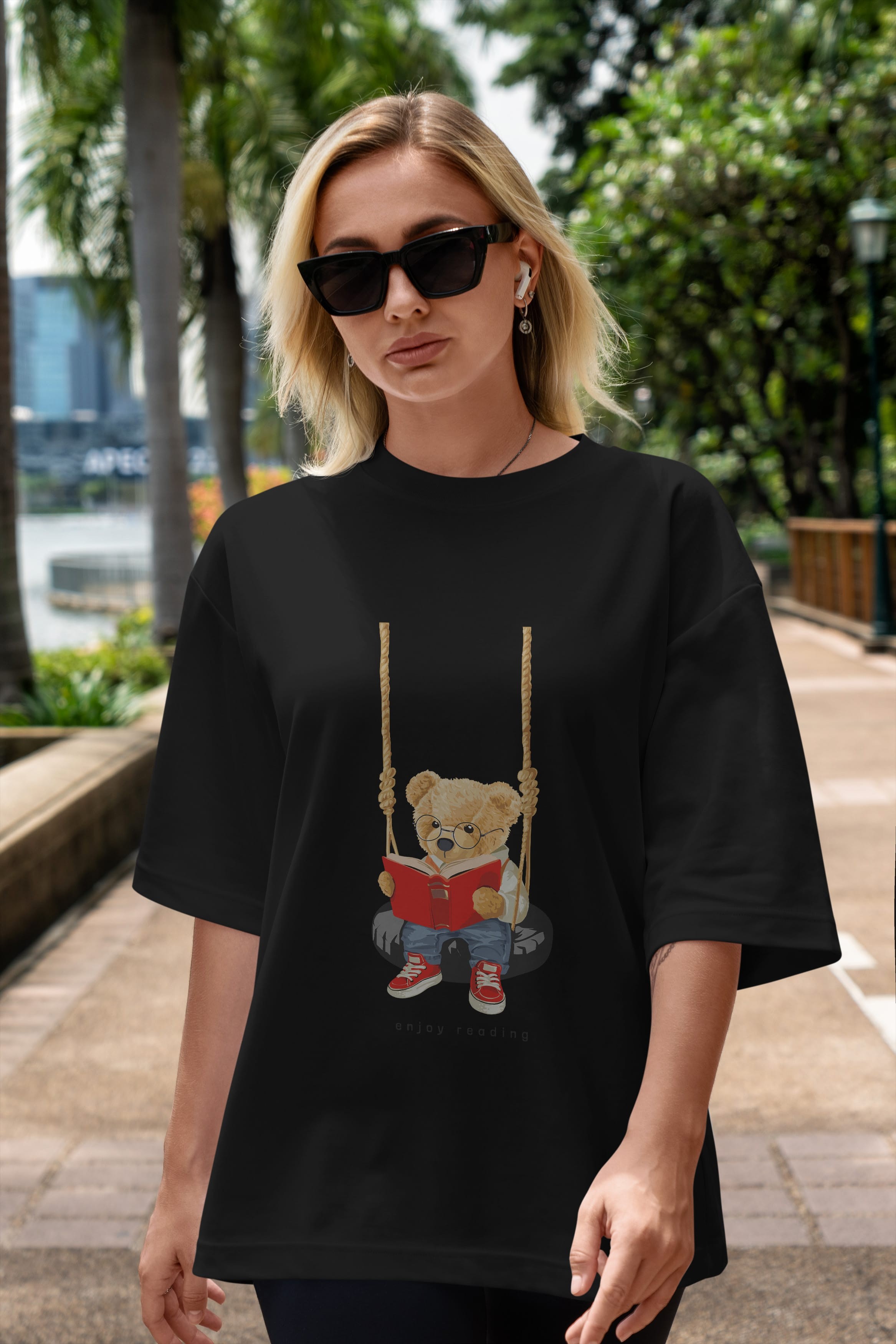 Teddy Bear Enjoy Reading Ön Baskılı Oversize t-shirt Erkek Kadın Unisex %100 Pamuk