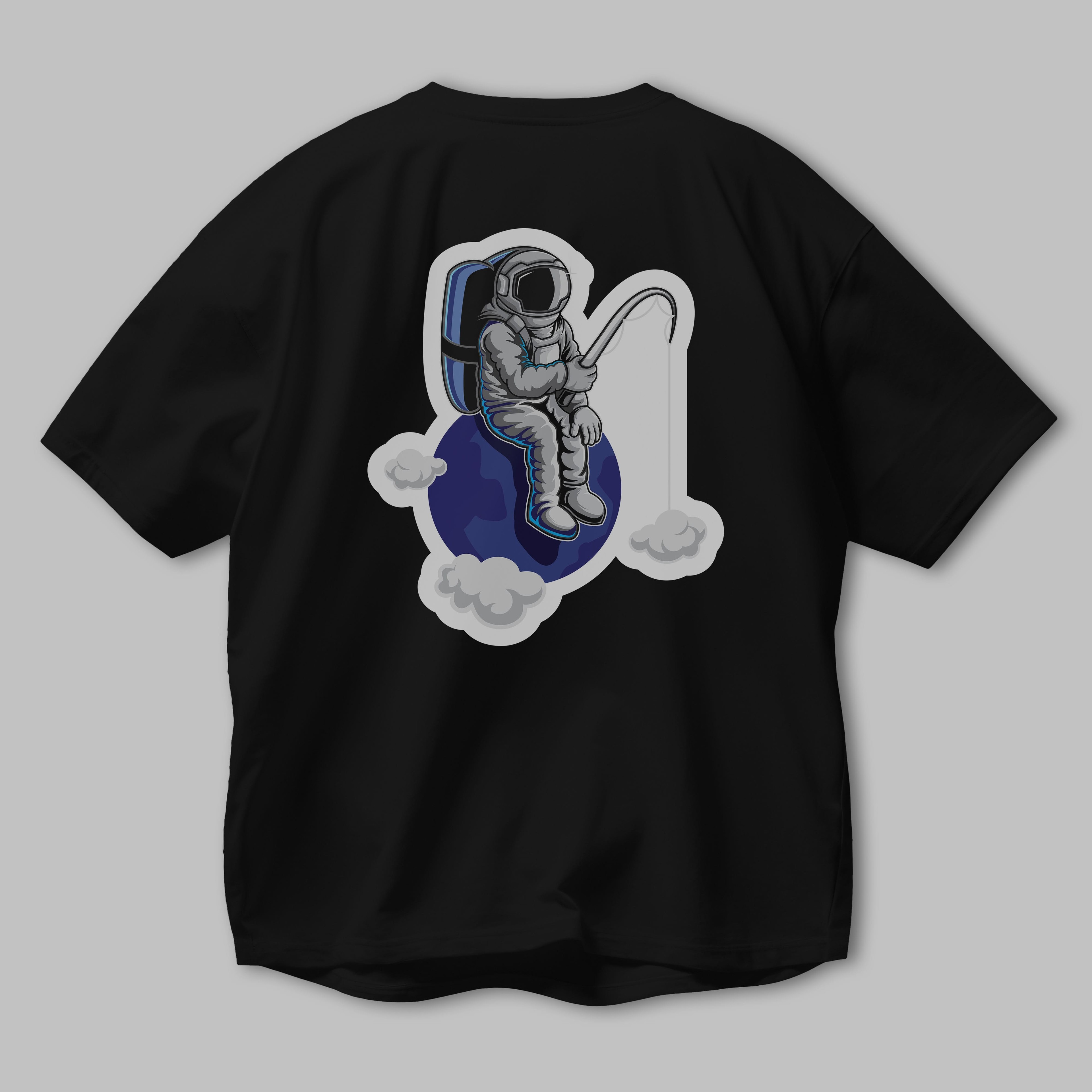 Astronaut Fishing Sticker Arka Baskılı Oversize t-shirt Erkek Kadın Unisex