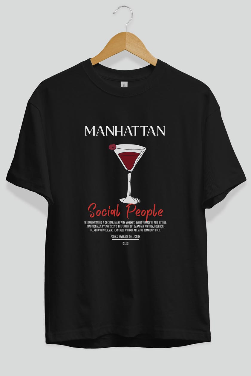 Manhattan Kokteyl Serisi ön Baskılı Oversize t-shirt Erkek Kadın %100 Pamuk Bisiklet Yaka tişort
