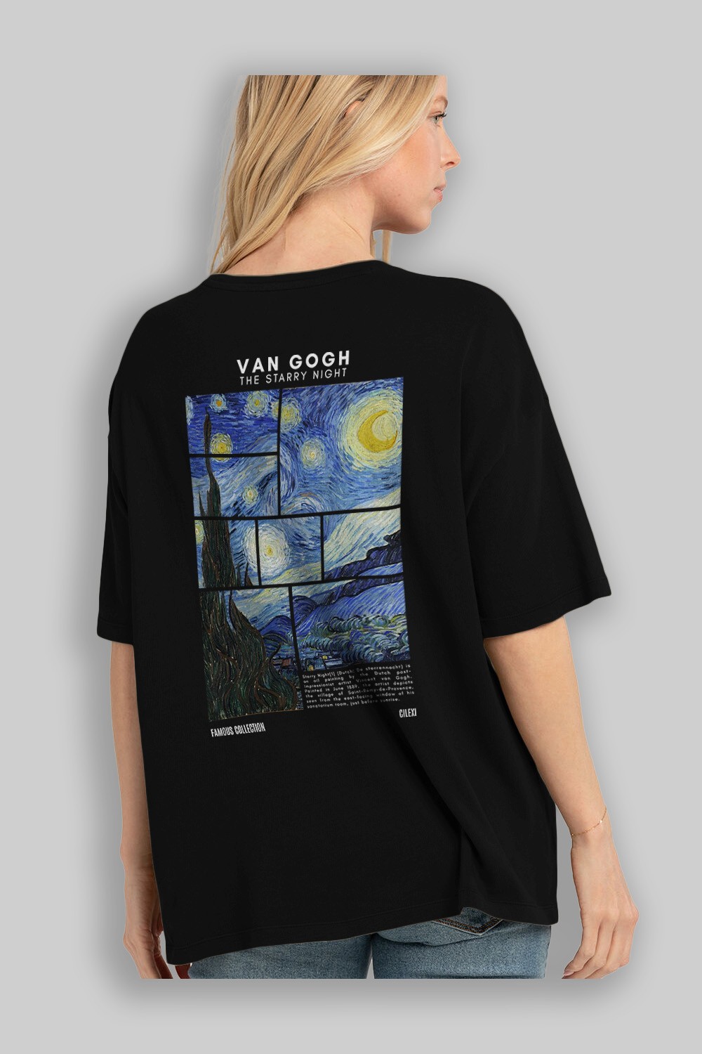 Van Gogh The Starry Night Arka Baskılı Oversize t-shirt Erkek Kadın Bisiklet Yaka Pamuk tişort