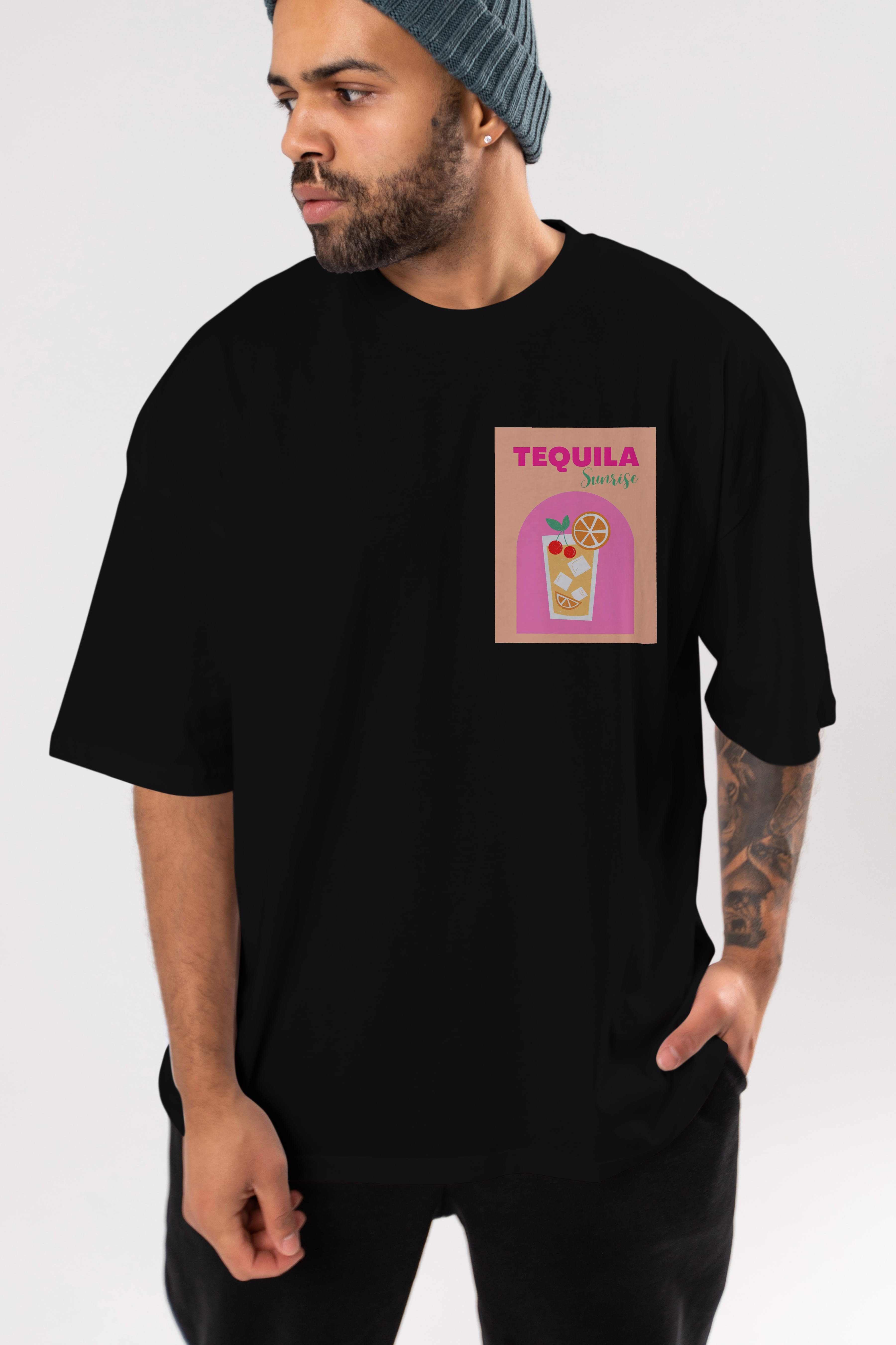 Tequila Sunrise 2 Ön Sol Baskılı Oversize t-shirt Erkek Kadın Unisex %100 Pamuk Bisiklet Yaka tişort