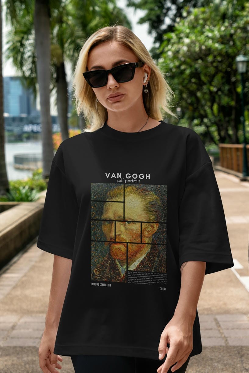 Van Gogh Self Portrait ön Baskılı Oversize t-shirt Erkek Kadın Bisiklet Yaka Pamuk tişort