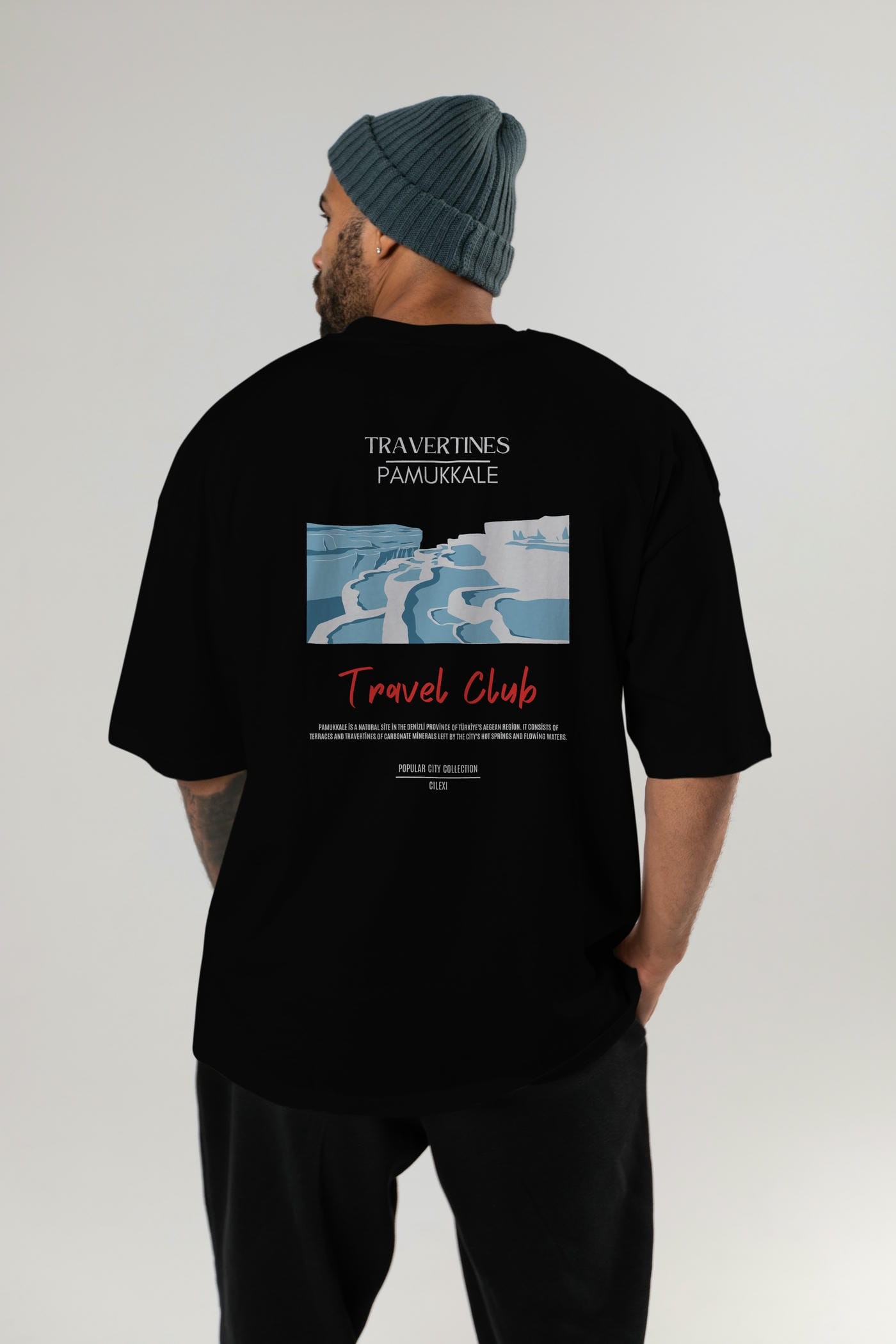 Travertines Pamukkale Arka Baskılı Oversize t-shirt Erkek Kadın Pamuk Bisiklet Yaka tişort