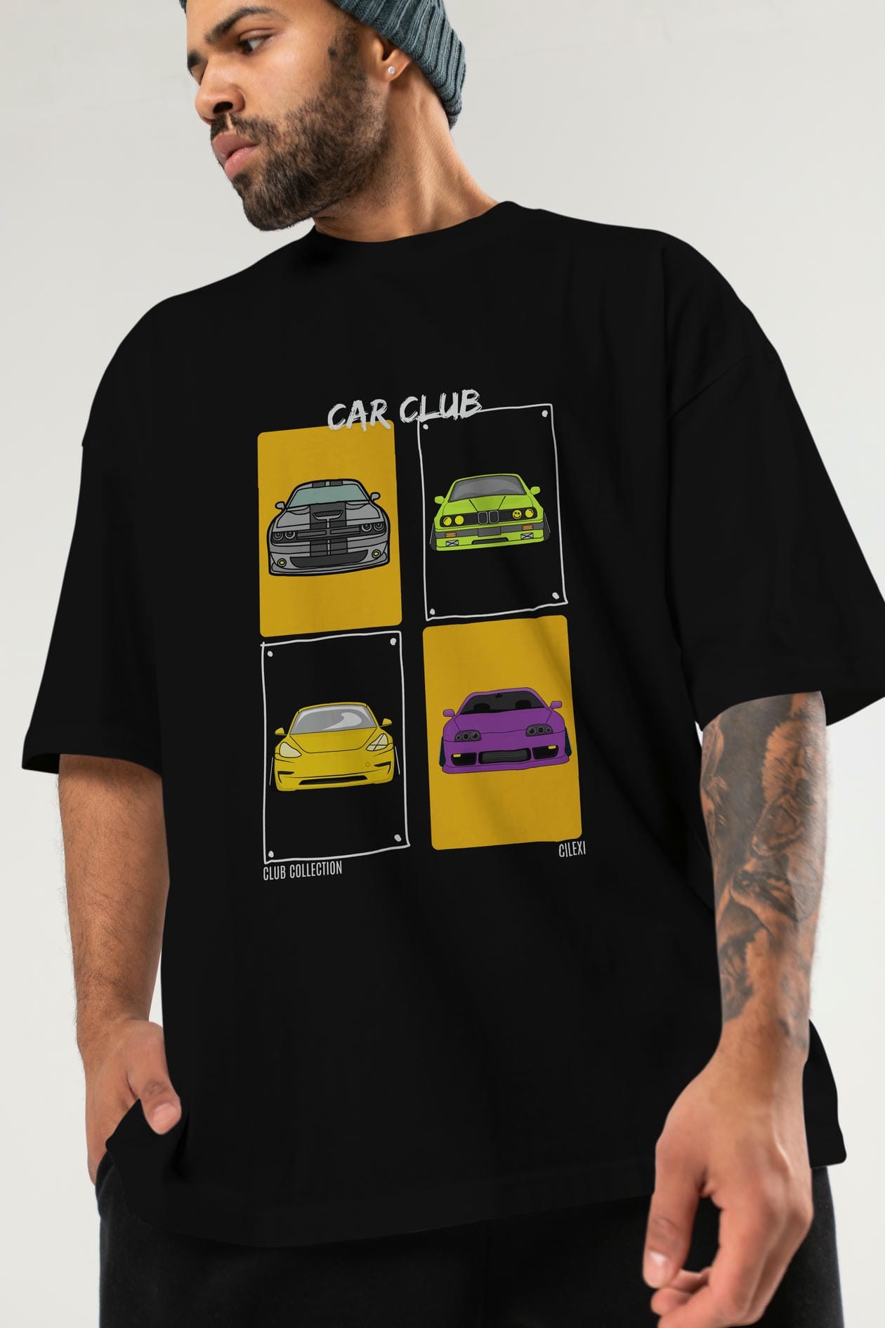 Car Club ön Baskılı Oversize t-shirt Erkek Kadın %100 Pamuk Bisiklet Yaka tişort