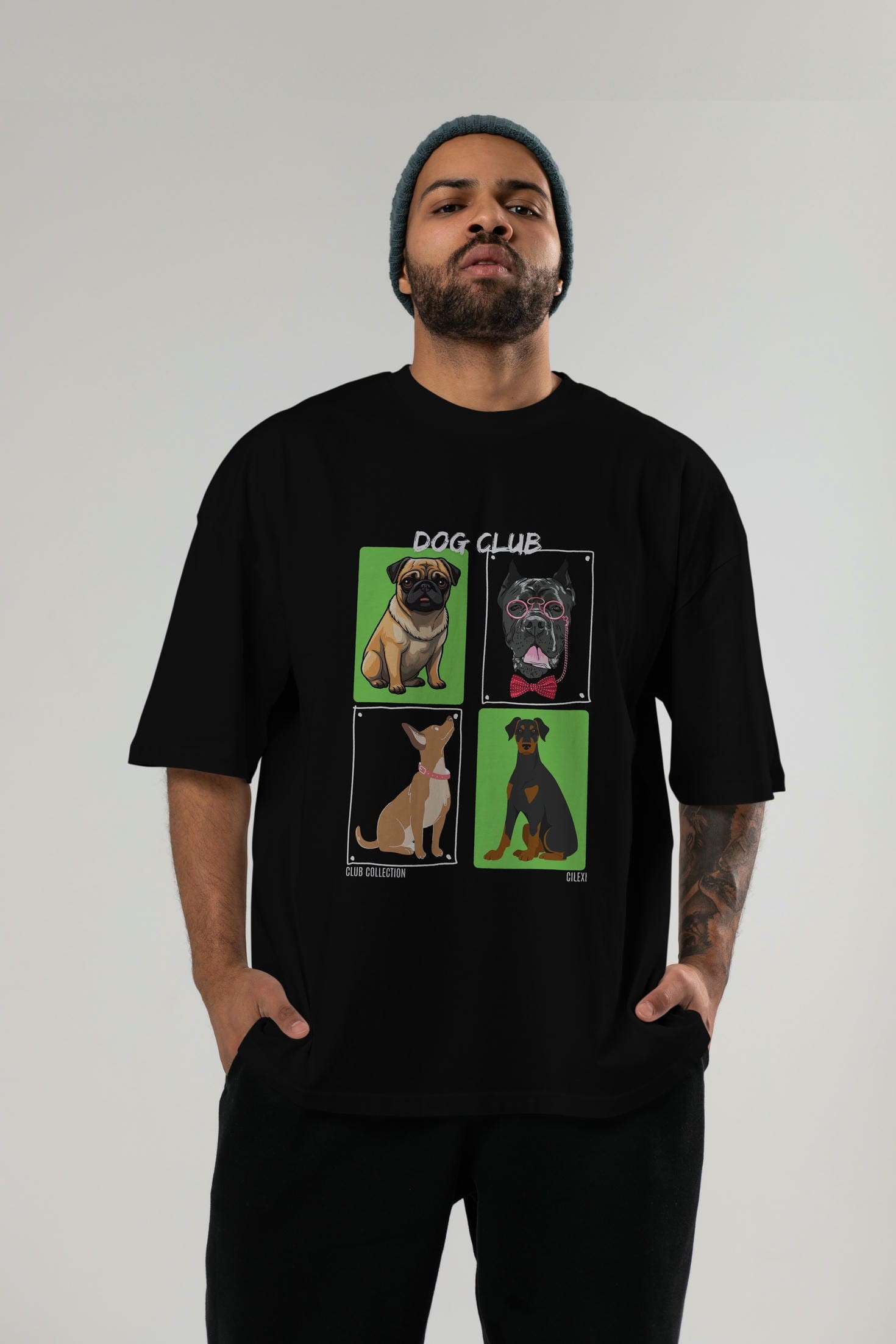 Dog Club ön Baskılı Oversize t-shirt Erkek Kadın %100 Pamuk Bisiklet Yaka tişort