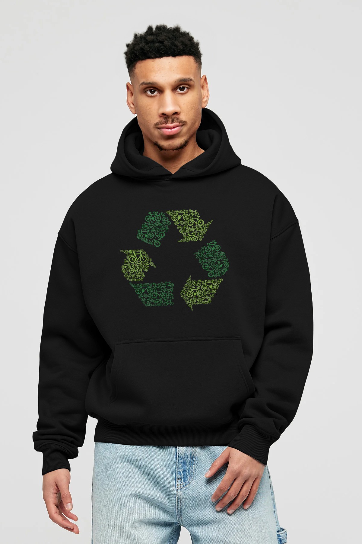 Recycling Ön Baskılı Hoodie Oversize Kapüşonlu Sweatshirt Erkek Kadın Unisex