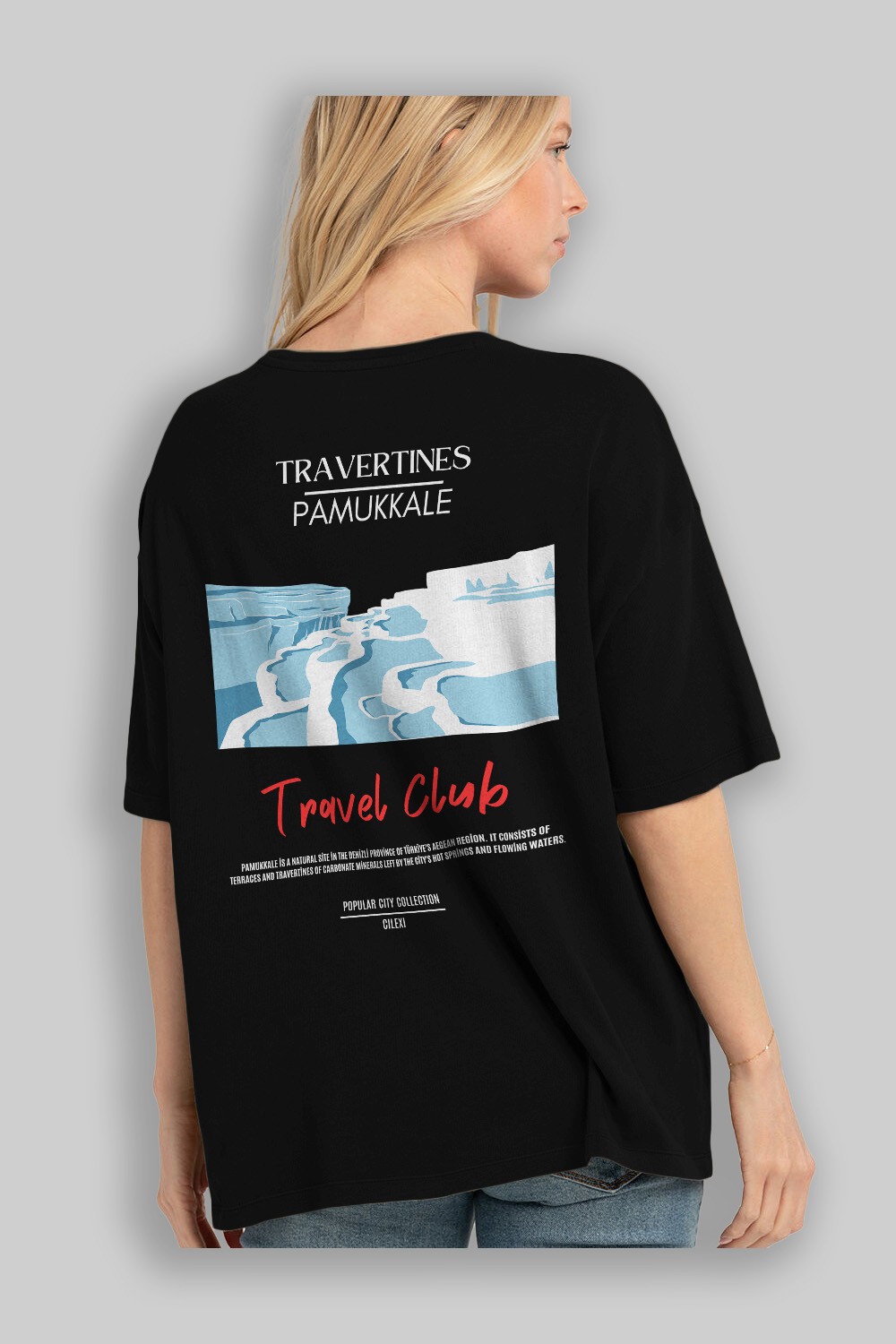 Travertines Pamukkale Arka Baskılı Oversize t-shirt Erkek Kadın Pamuk Bisiklet Yaka tişort