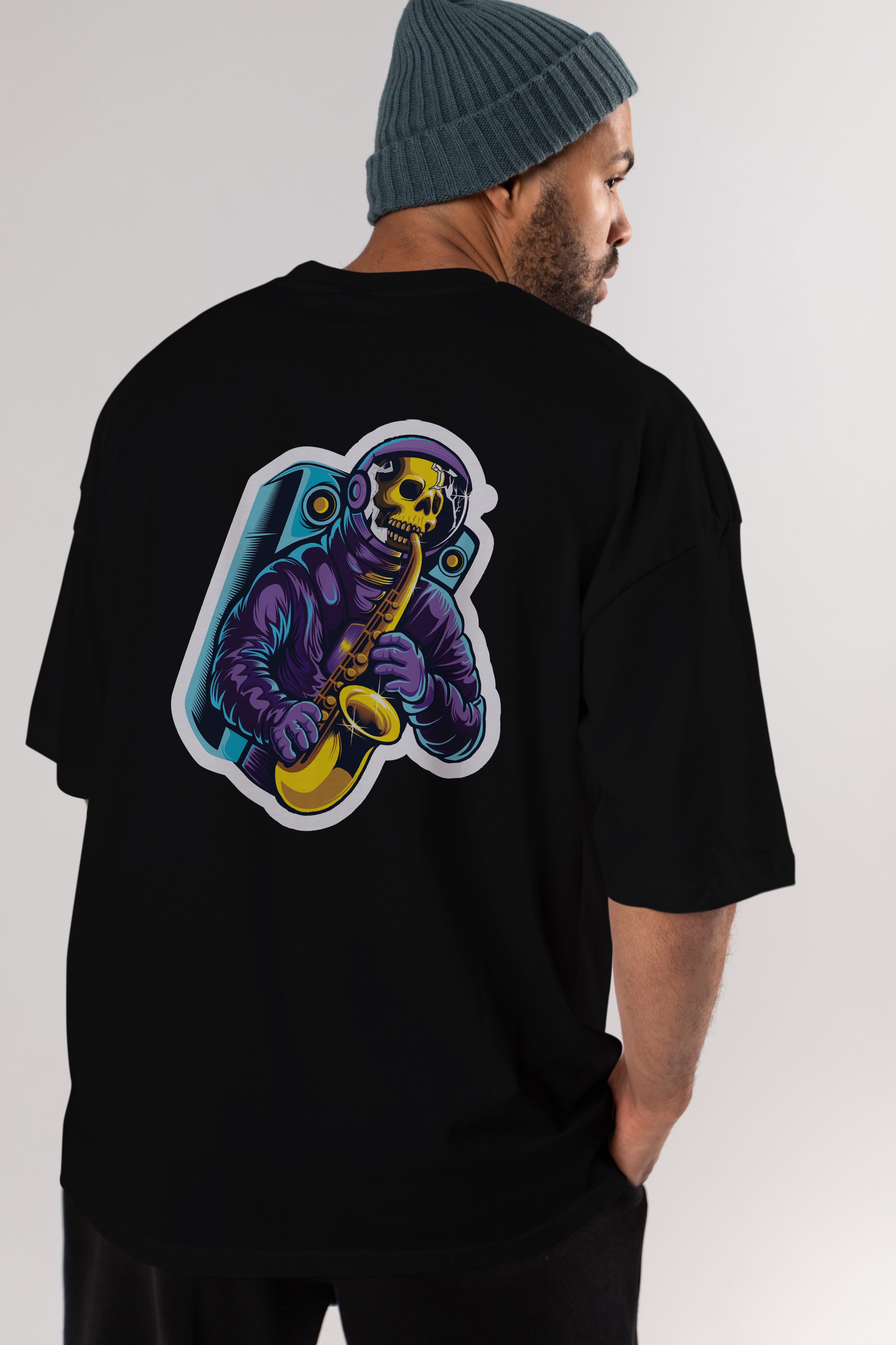 Astroskull Saxophonist Sticker Arka Baskılı Oversize t-shirt Erkek Kadın Unisex