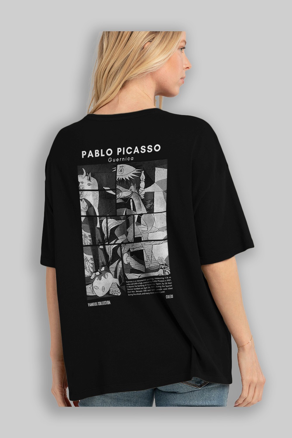 Pablo Picasso Guernica Arka Baskılı Oversize t-shirt Erkek Kadın Bisiklet Yaka Pamuk tişort