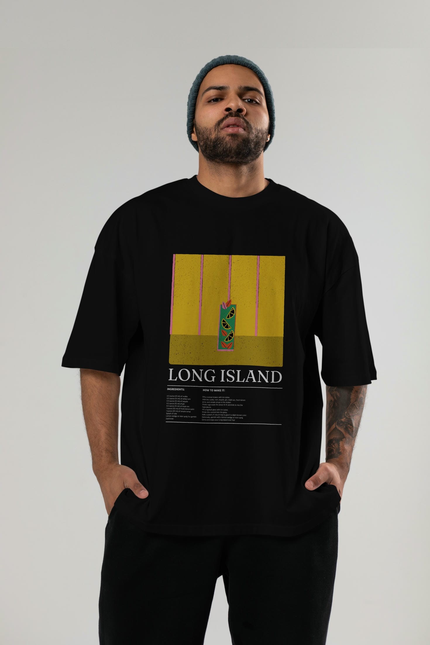 Long Island Kokteyl Ön Baskılı Oversize t-shirt Erkek Kadın %100 Pamuk Bisiklet Yaka tişort