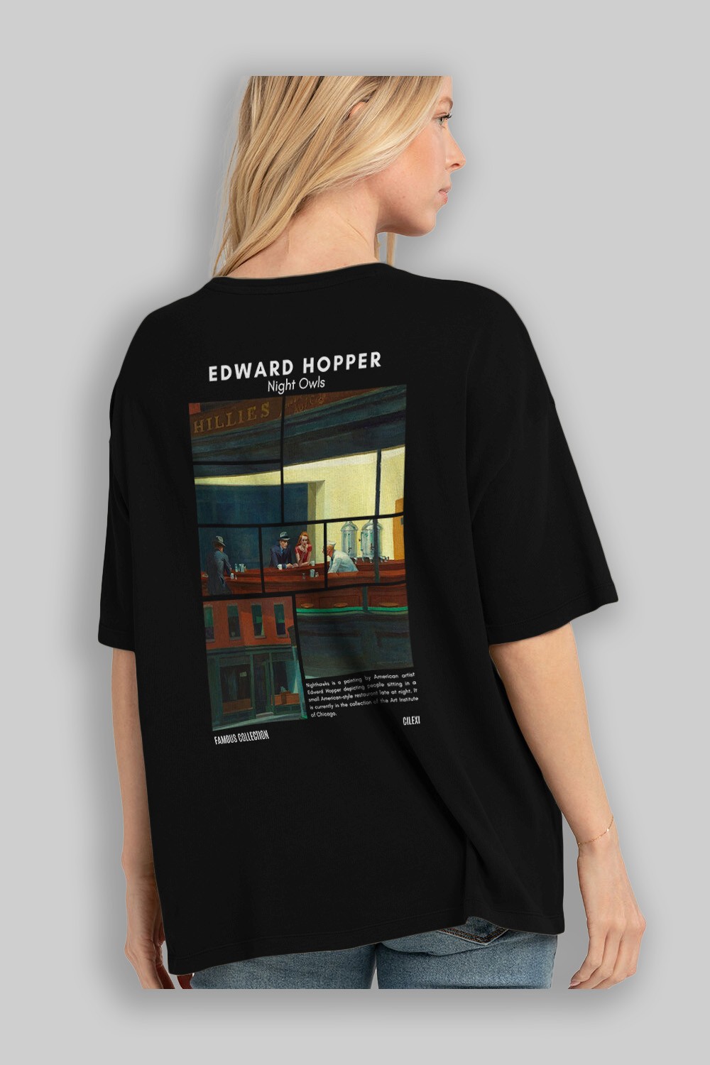 Edward Hopper Night Owls Arka Baskılı Oversize t-shirt Erkek Kadın Bisiklet Yaka Pamuk tişort