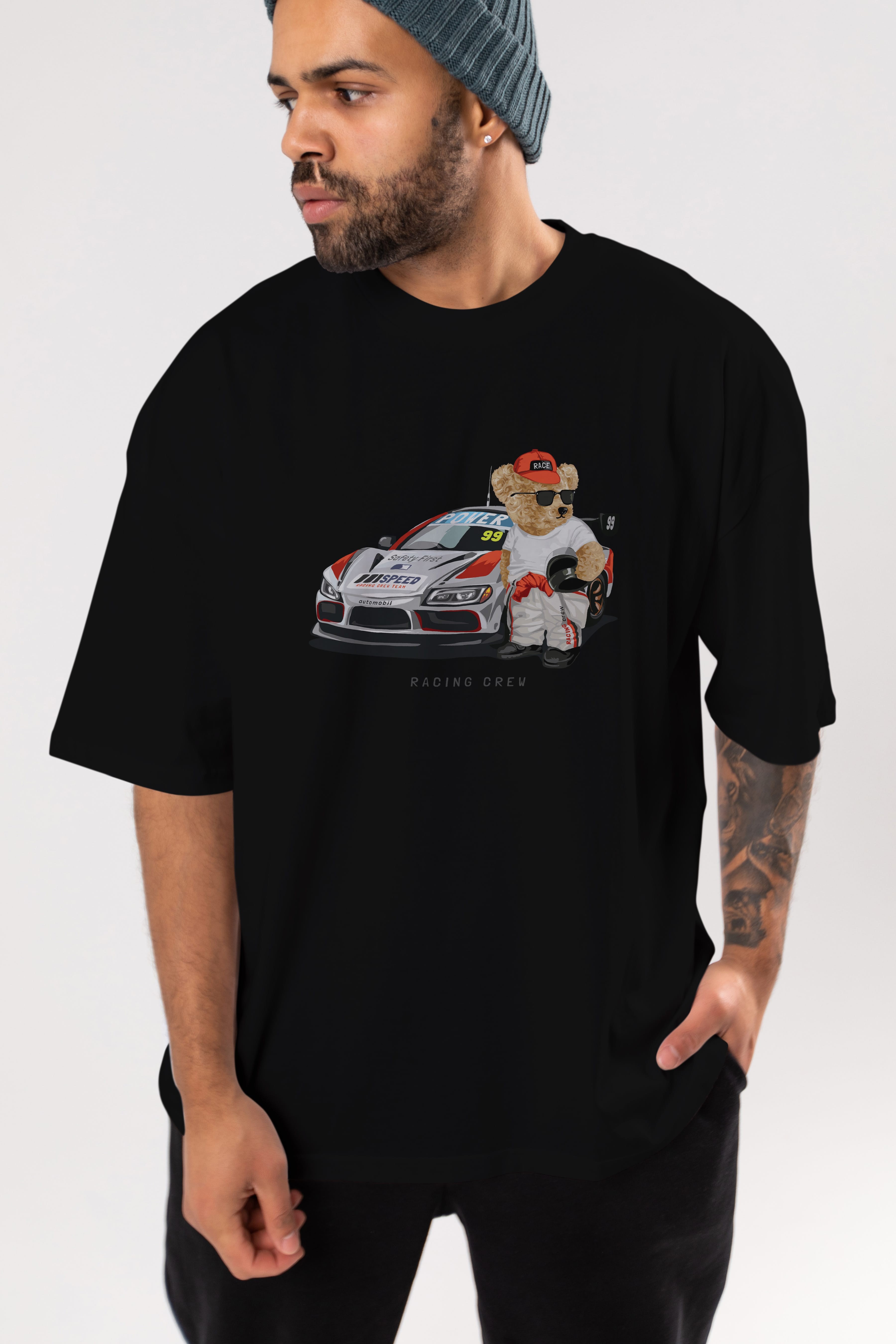 Teddy Bear Racing Crew Ön Baskılı Oversize t-shirt Erkek Kadın Unisex %100 Pamuk
