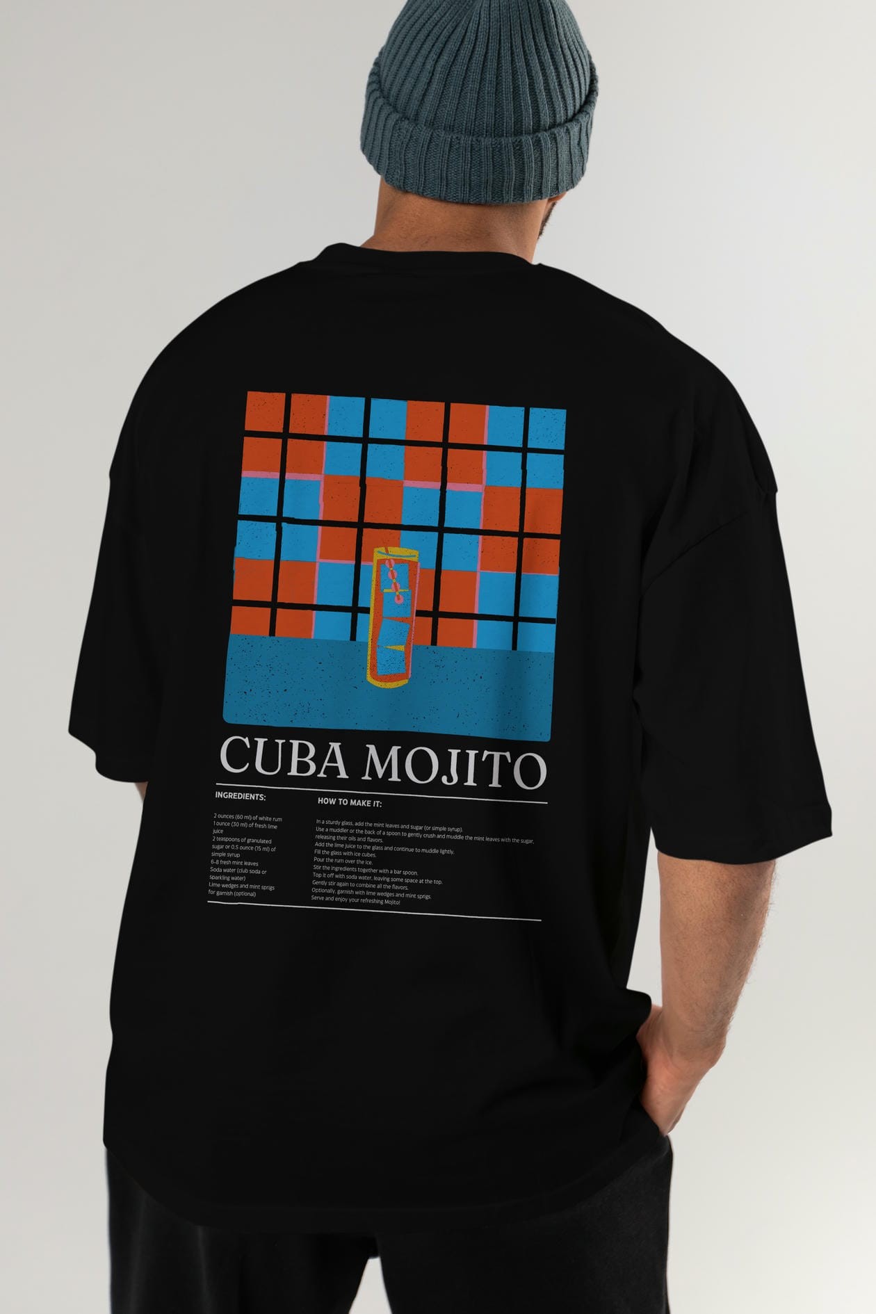Cuba Mojıto Kokteyl Serisi Arka Baskılı Oversize t-shirt Erkek Kadın %100 Pamuk Bisiklet Yaka tişort