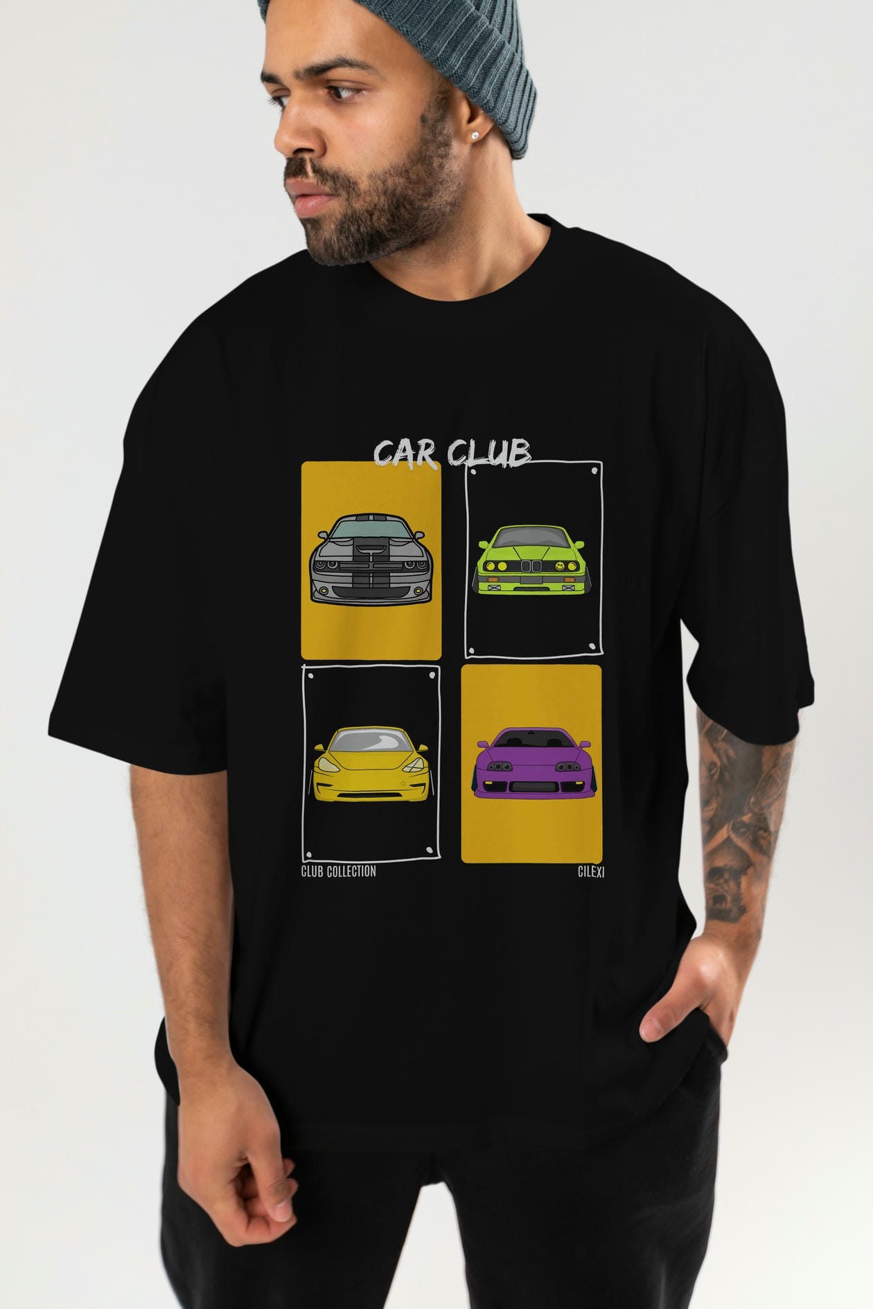 Car Club ön Baskılı Oversize t-shirt Erkek Kadın %100 Pamuk Bisiklet Yaka tişort