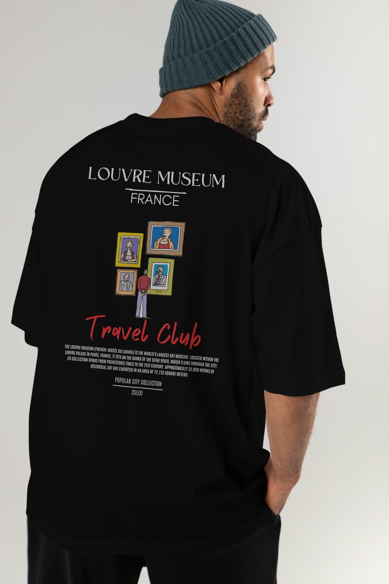 Louvre Museum France Arka Baskılı Oversize t-shirt Erkek Kadın Pamuk Bisiklet Yaka tişort