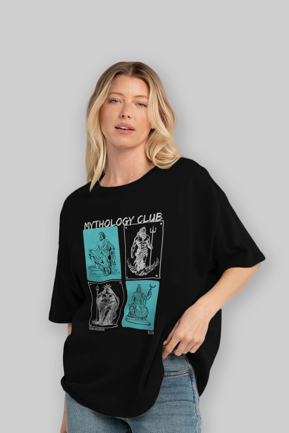 Mythology Club ön Baskılı Oversize t-shirt Erkek Kadın %100 Pamuk Bisiklet Yaka tişort