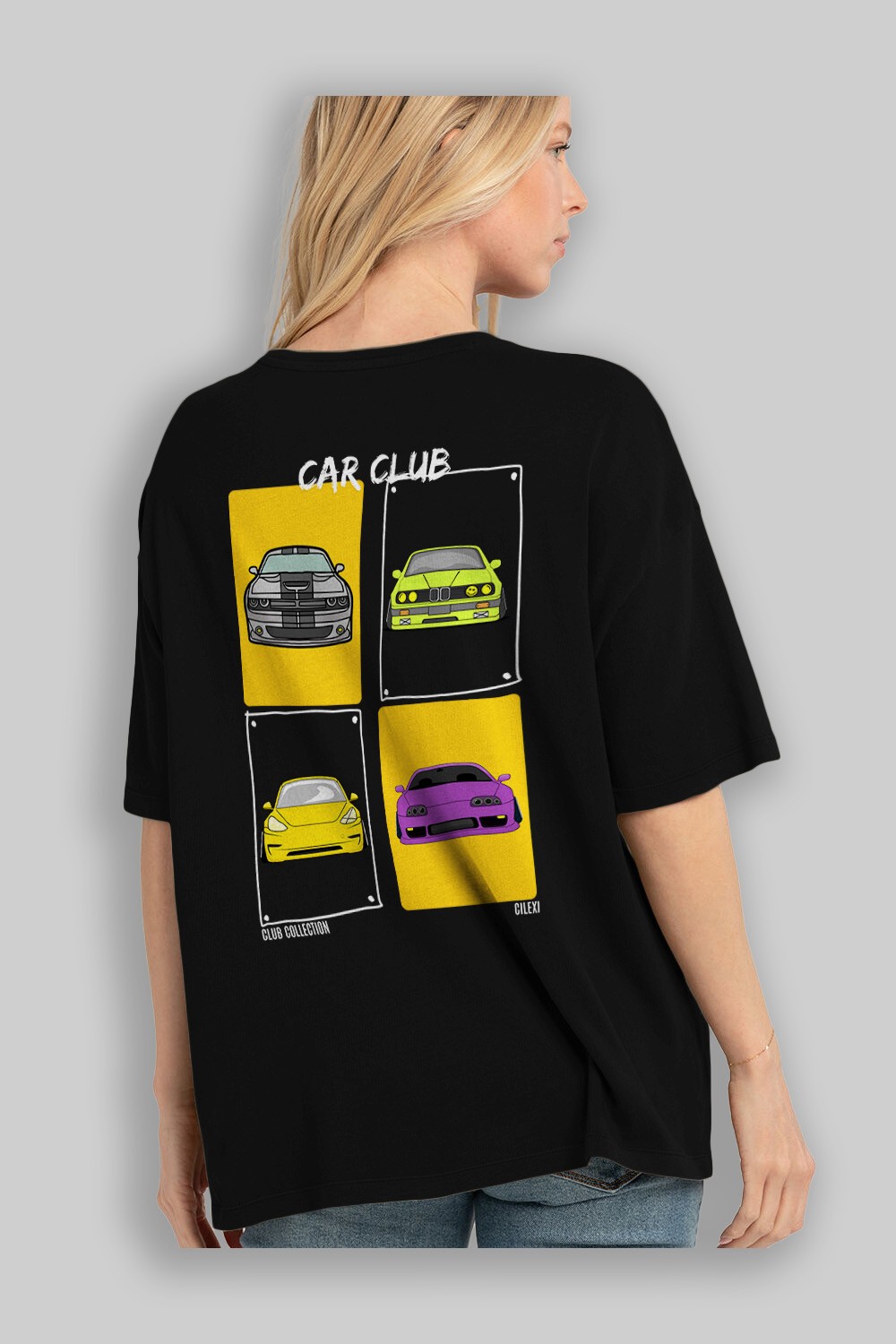 Car Club Arka Baskılı Oversize t-shirt Erkek Kadın %100 Pamuk Bisiklet Yaka tişort