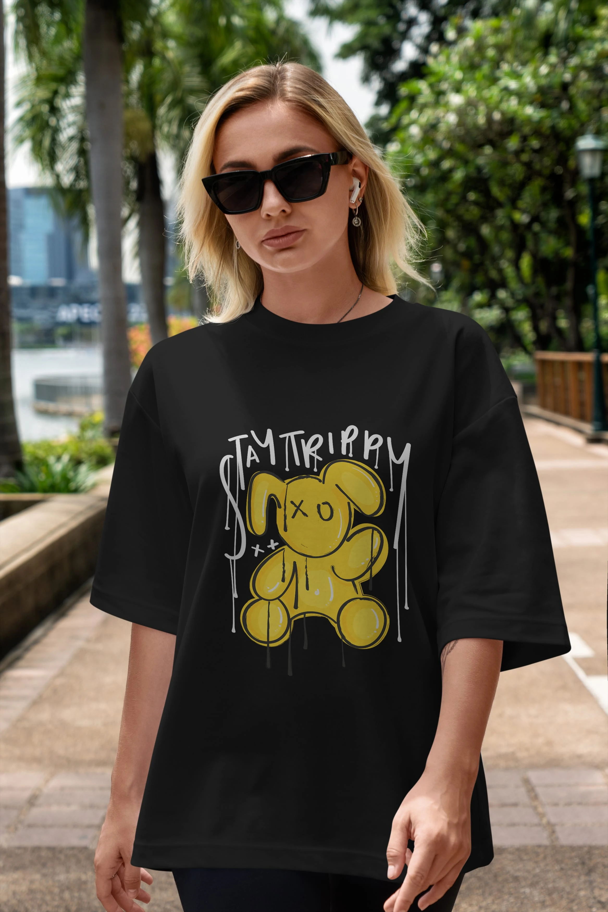 Stay Trippy Bear Ön Baskılı Oversize t-shirt Erkek Kadın Unisex