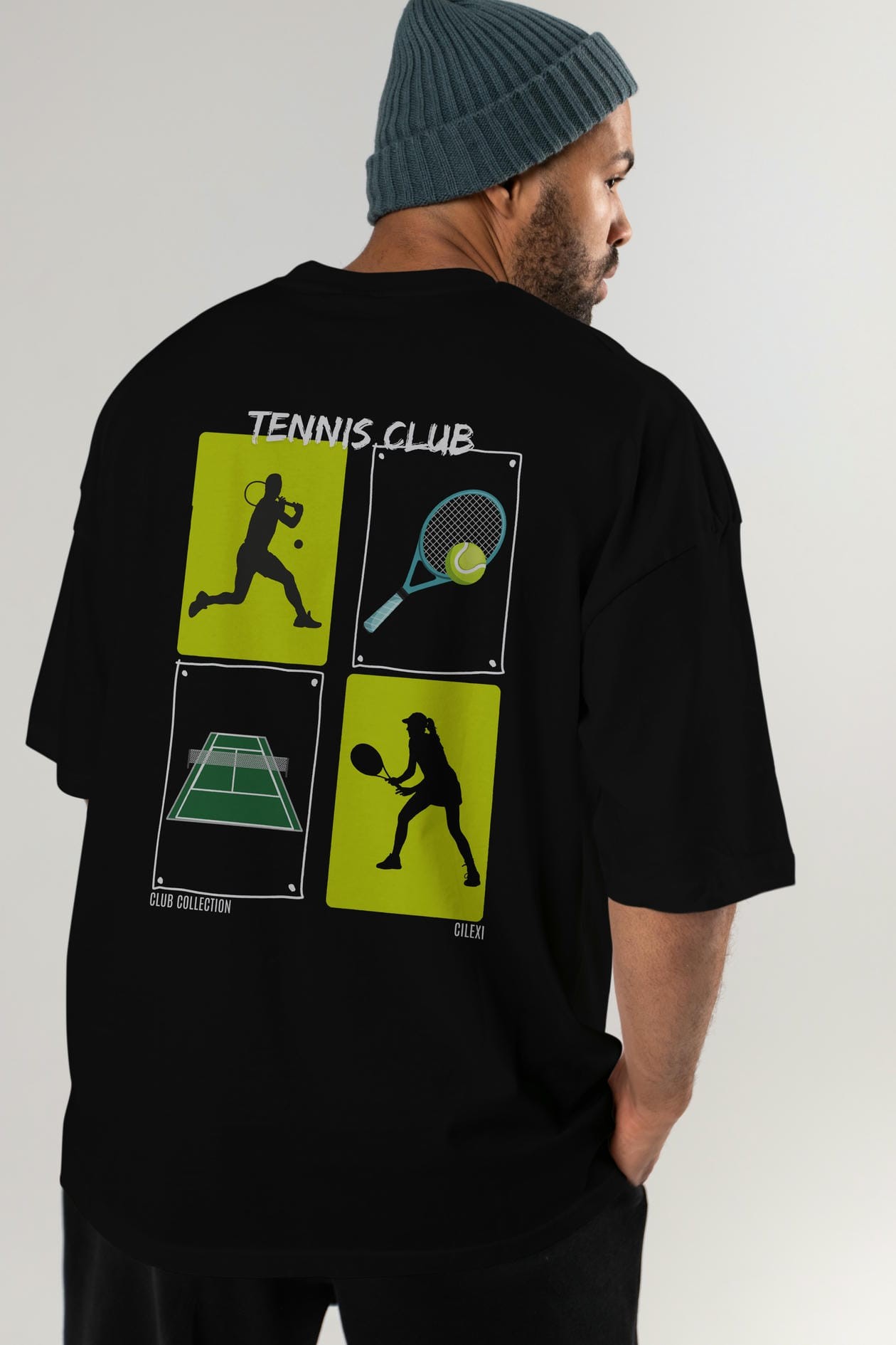 Tennis Club Arka Baskılı Oversize t-shirt Erkek Kadın %100 Pamuk Bisiklet Yaka tişort