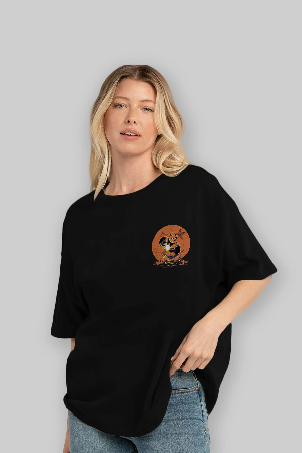 Kung Fu Panda Ön Sol Baskılı Oversize t-shirt Erkek Kadın Unisex %100 Pamuk Bisiklet Yaka tişort