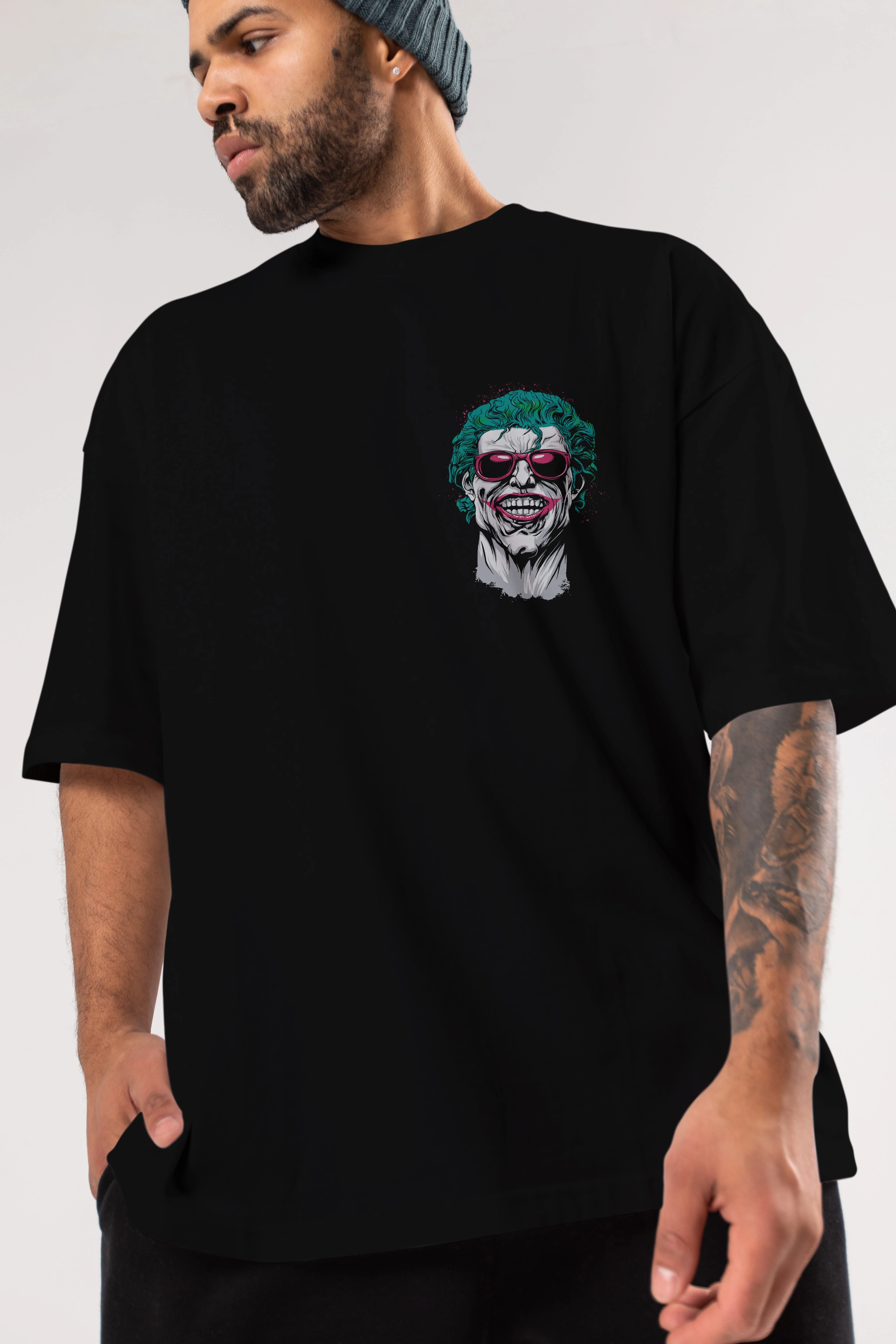 Joker 1 Ön Sol Baskılı Oversize t-shirt Erkek Kadın Unisex %100 Pamuk Bisiklet Yaka tişort