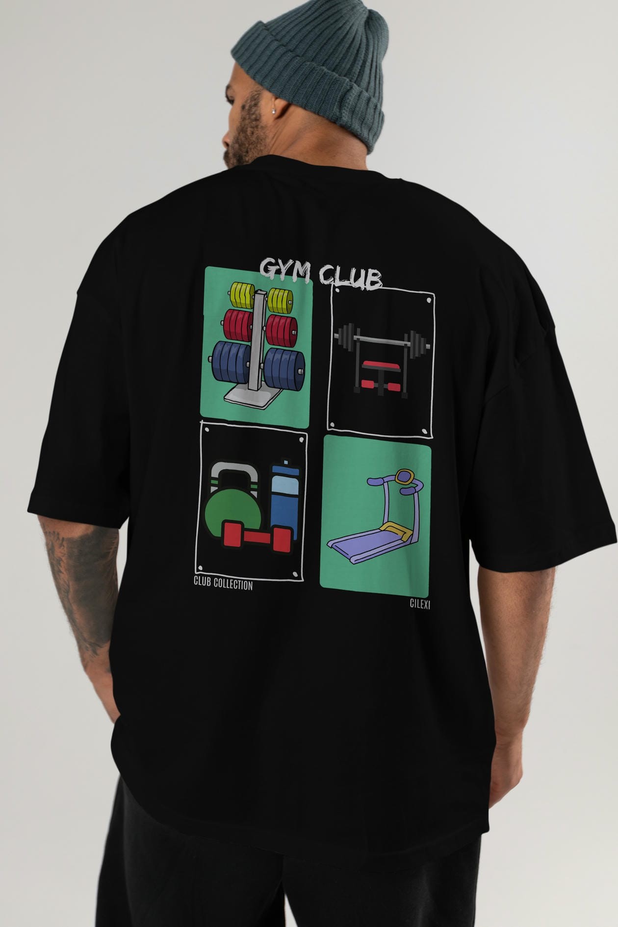 Gym Club Arka Baskılı Oversize t-shirt Erkek Kadın %100 Pamuk Bisiklet Yaka tişort