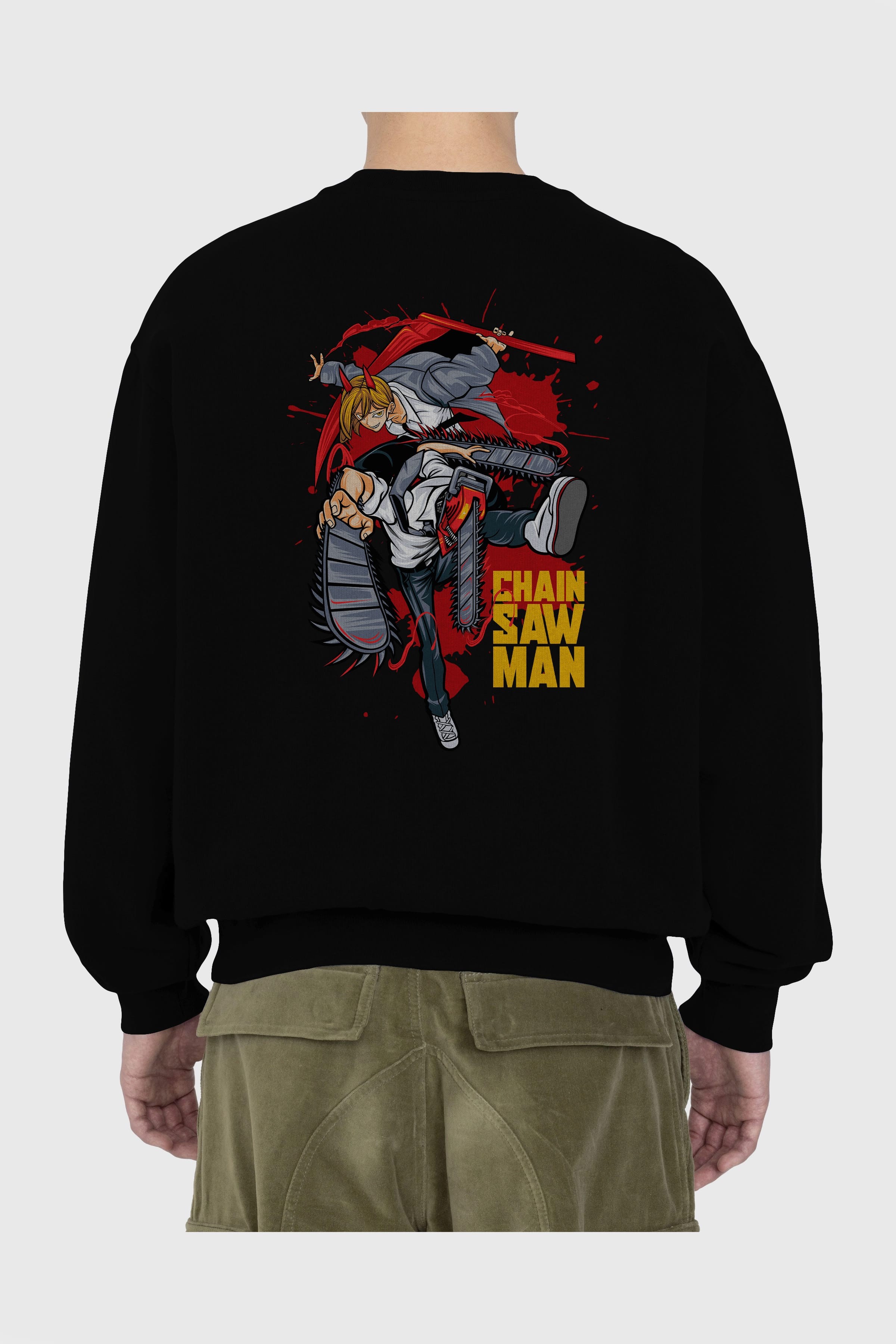 DENJI and POWER Anime Arka Baskılı Oversize Sweatshirt Erkek Kadın Unisex