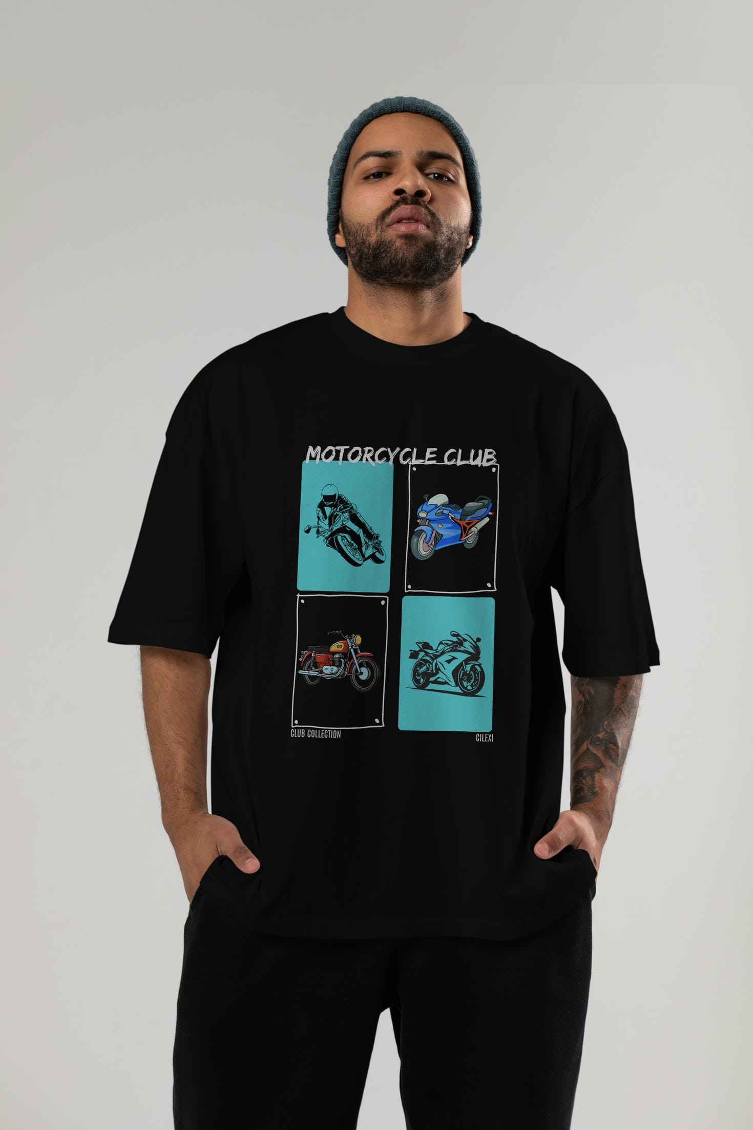 Motorcycle Club ön Baskılı Oversize t-shirt Erkek Kadın %100 Pamuk Bisiklet Yaka tişort