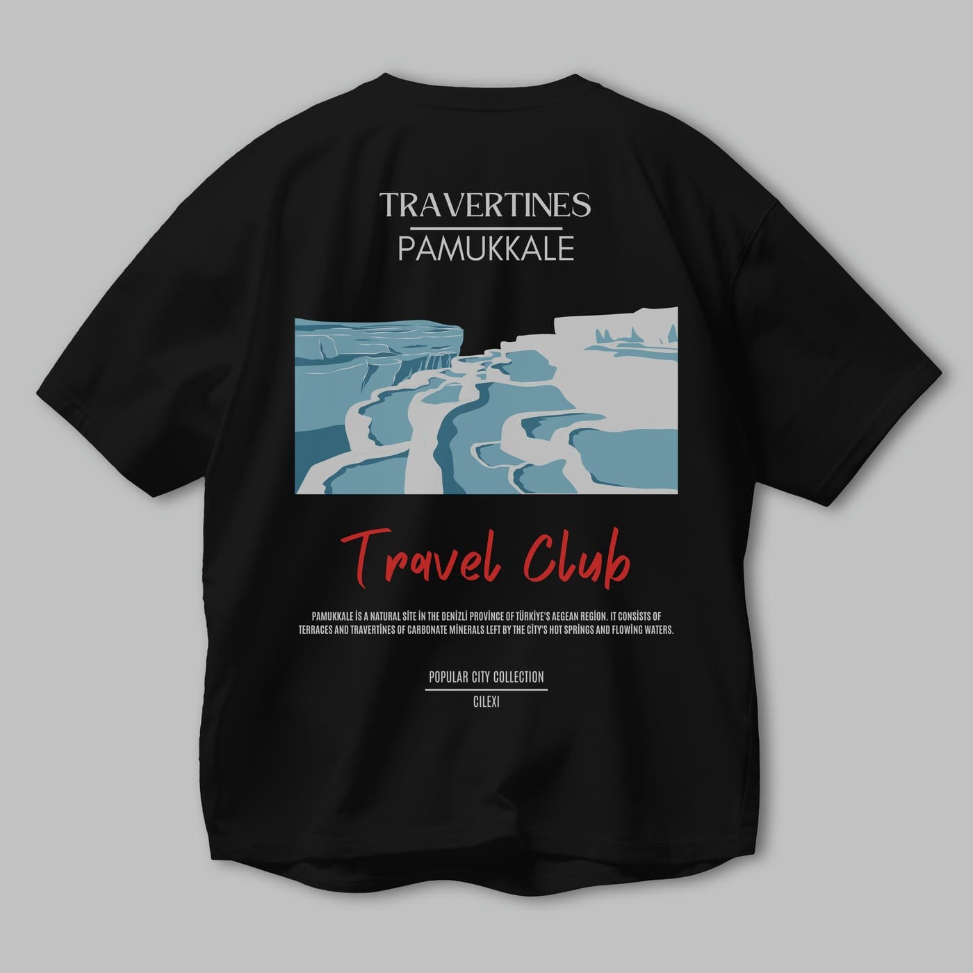 Travertines Pamukkale Arka Baskılı Oversize t-shirt Erkek Kadın Pamuk Bisiklet Yaka tişort