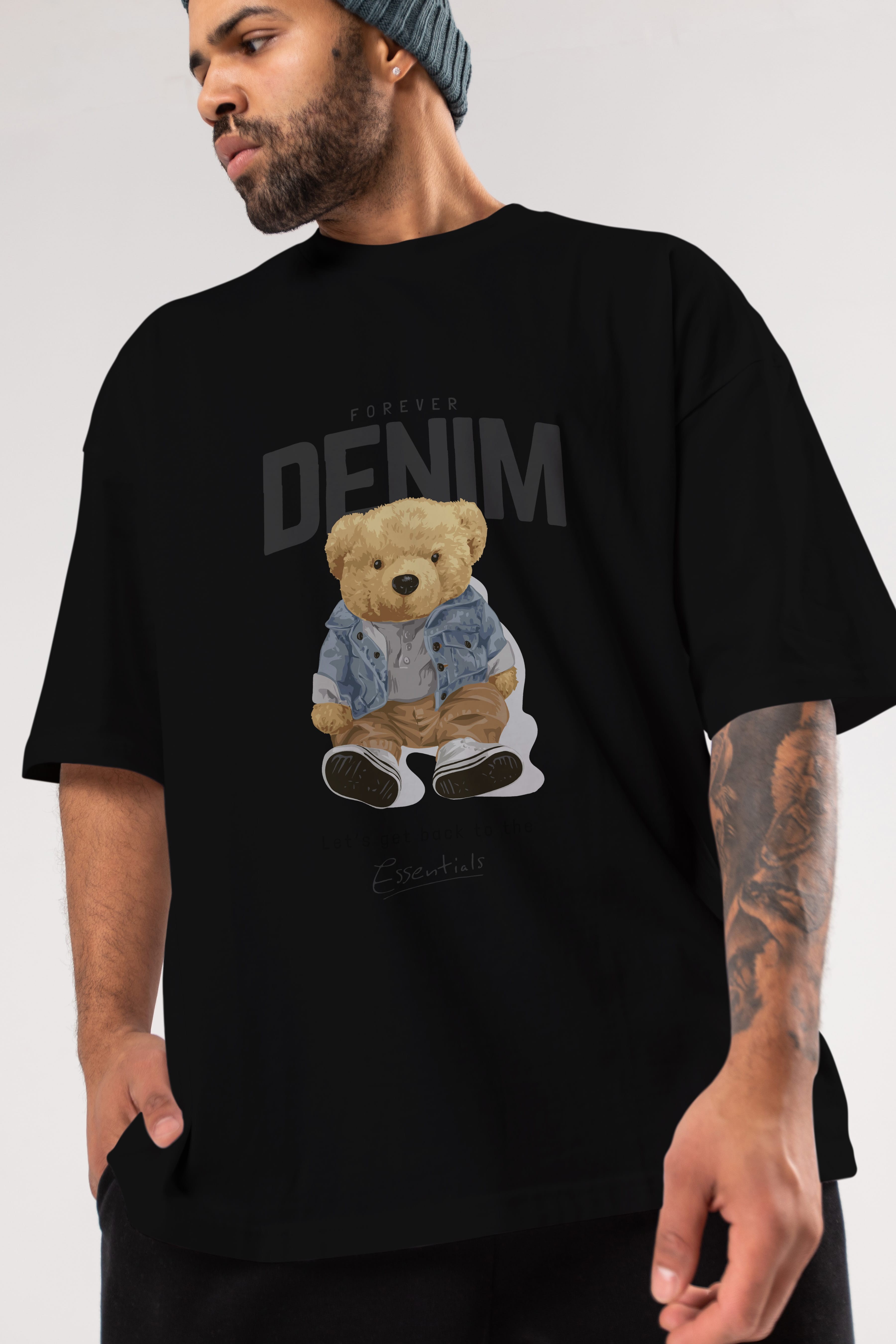 Teddy Bear Forever Denim Ön Baskılı Oversize t-shirt Erkek Kadın Unisex %100 Pamuk