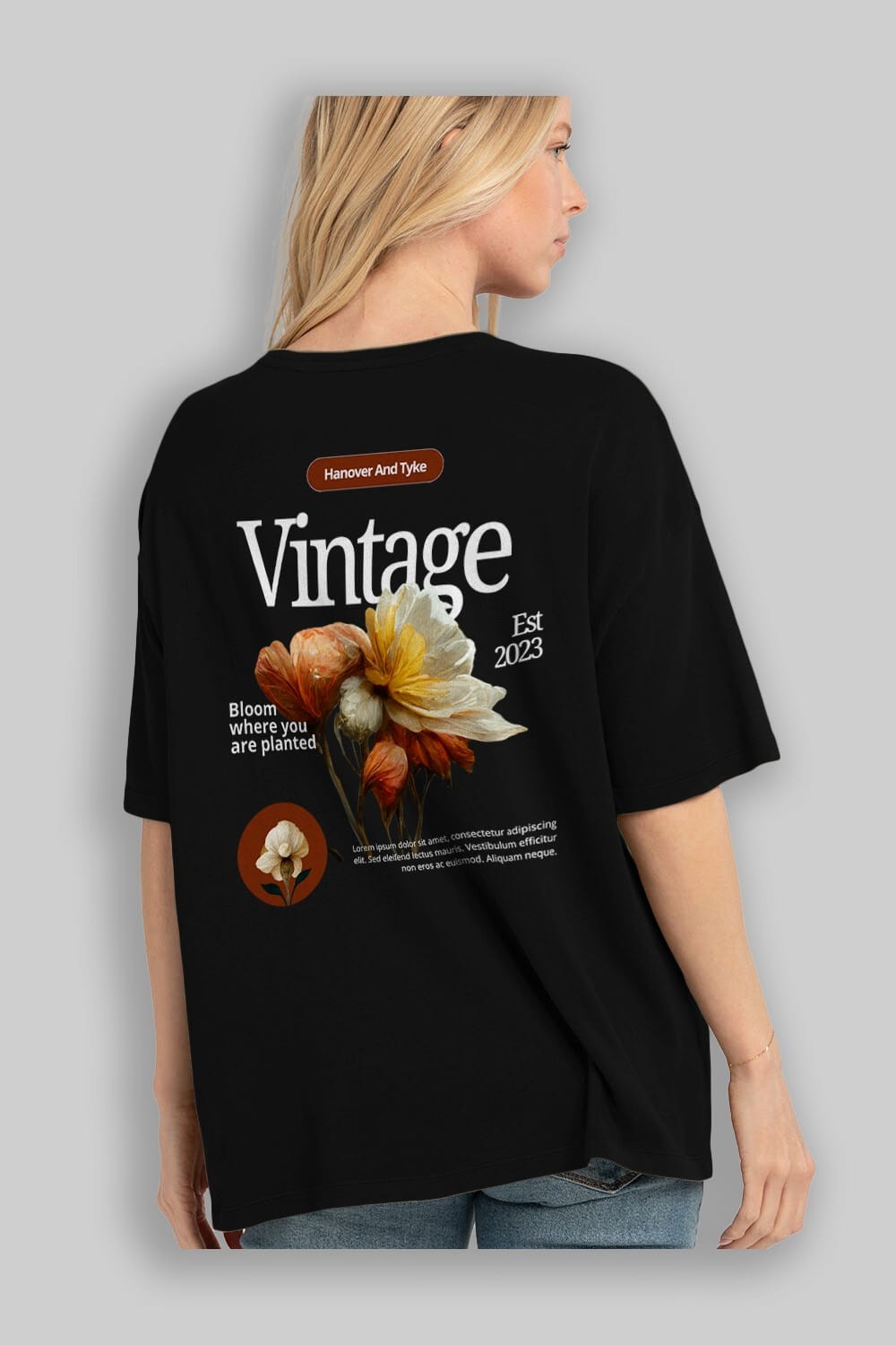 Vintage Çiçek Arka Baskılı Oversize t-shirt Erkek Kadın Unisex