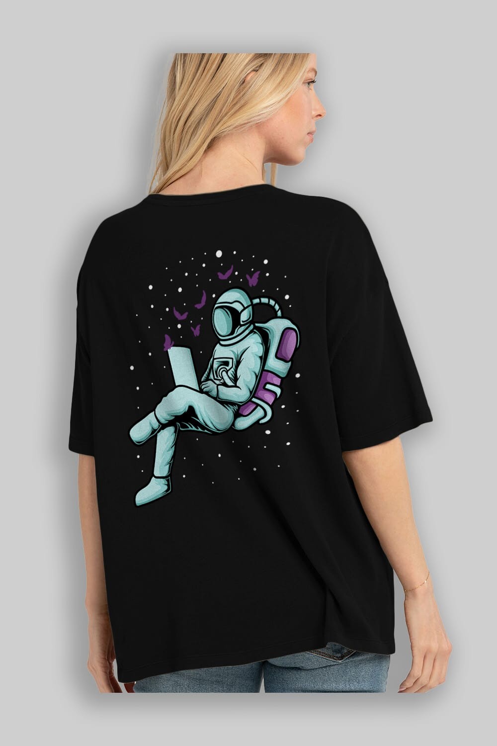 Work with Butterflies in Space Arka Baskılı Oversize t-shirt Erkek Kadın Unisex