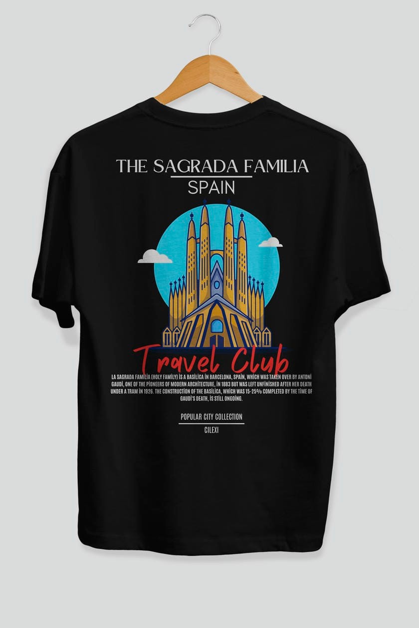 The Sagrada Familia Spain Arka Baskılı Oversize t-shirt Erkek Kadın Pamuk Bisiklet Yaka tişort