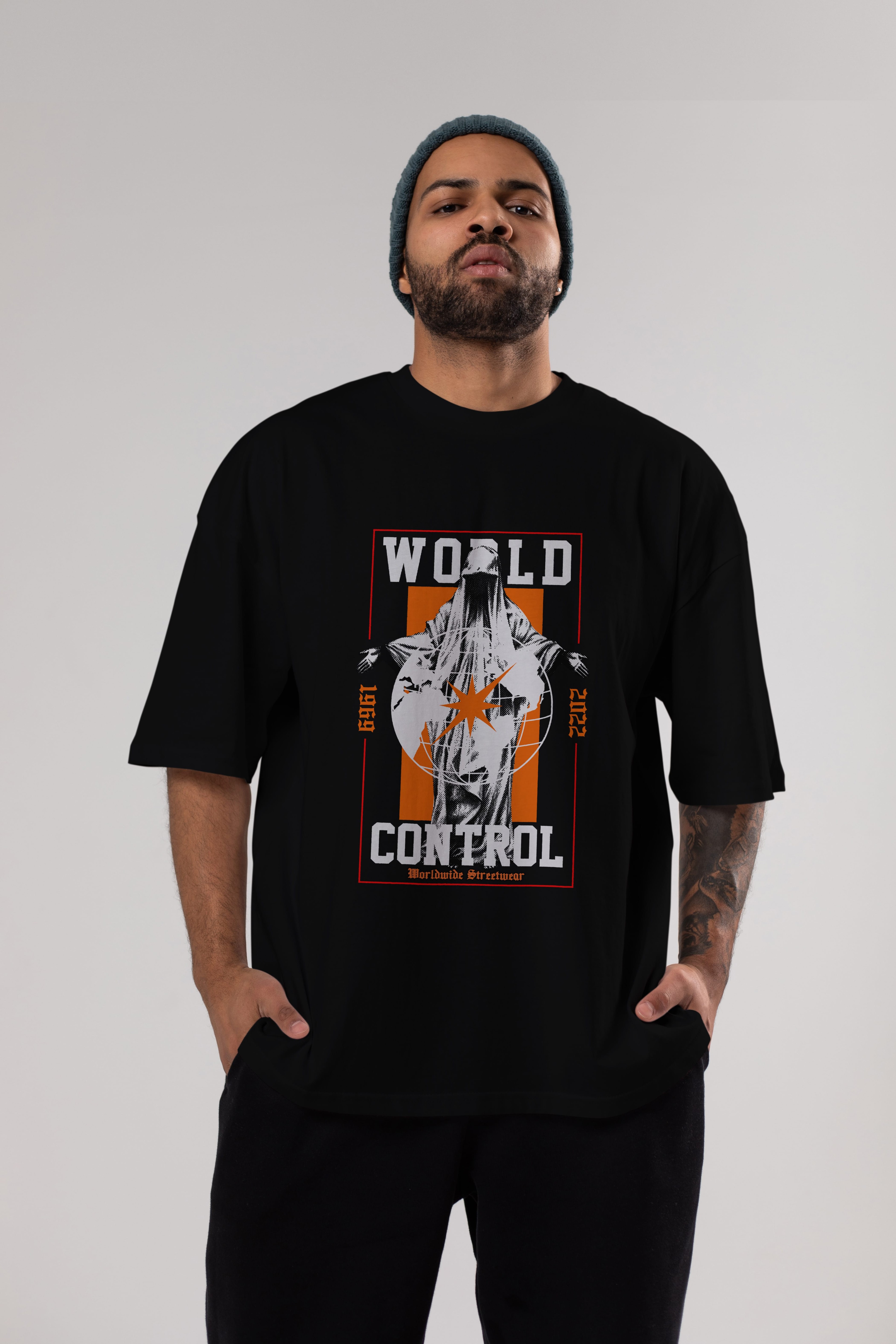 World Control Ön Baskılı Oversize t-shirt Erkek Kadın Unisex