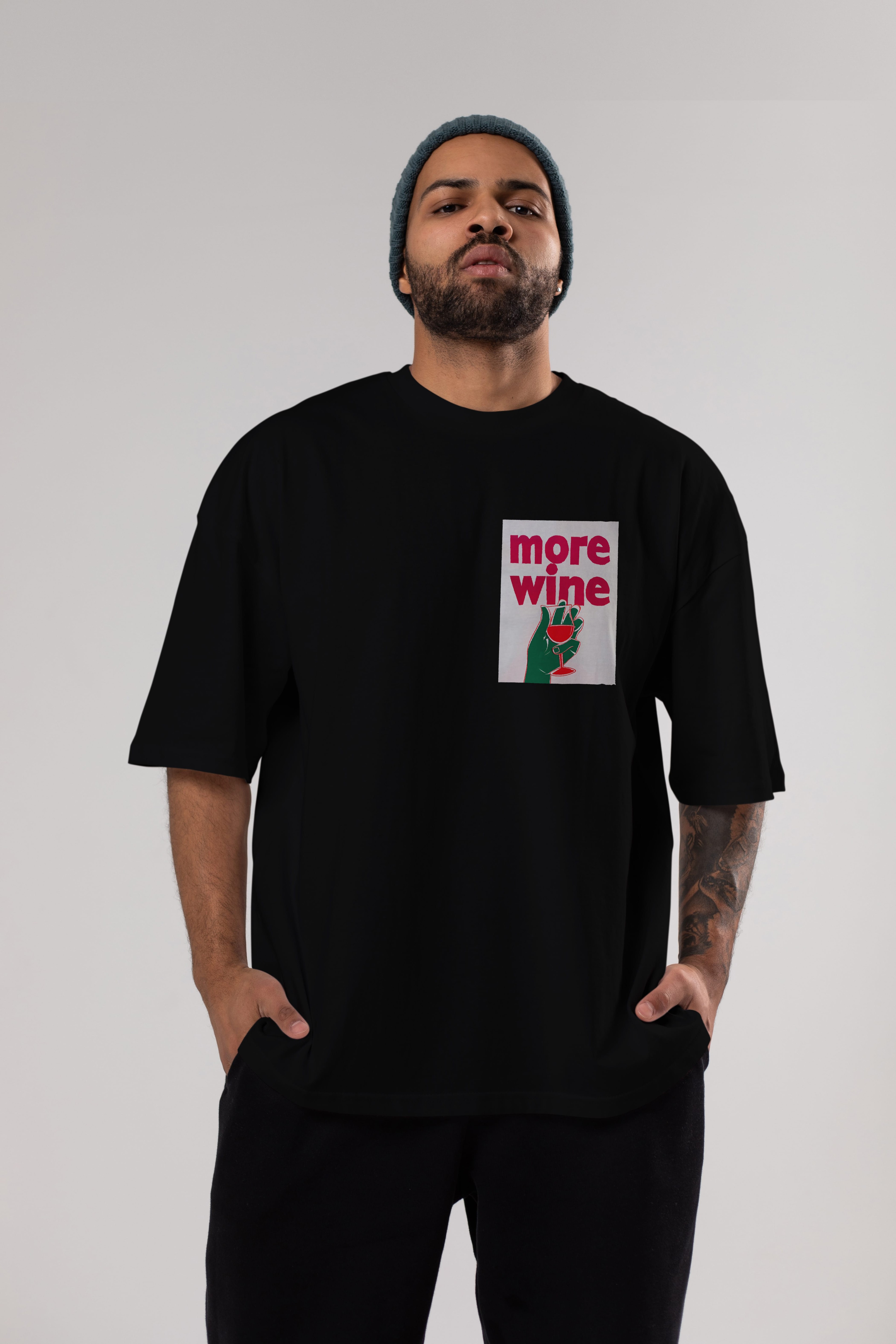 More Wine 3 Ön Sol Baskılı Oversize t-shirt Erkek Kadın Unisex %100 Pamuk Bisiklet Yaka tişort